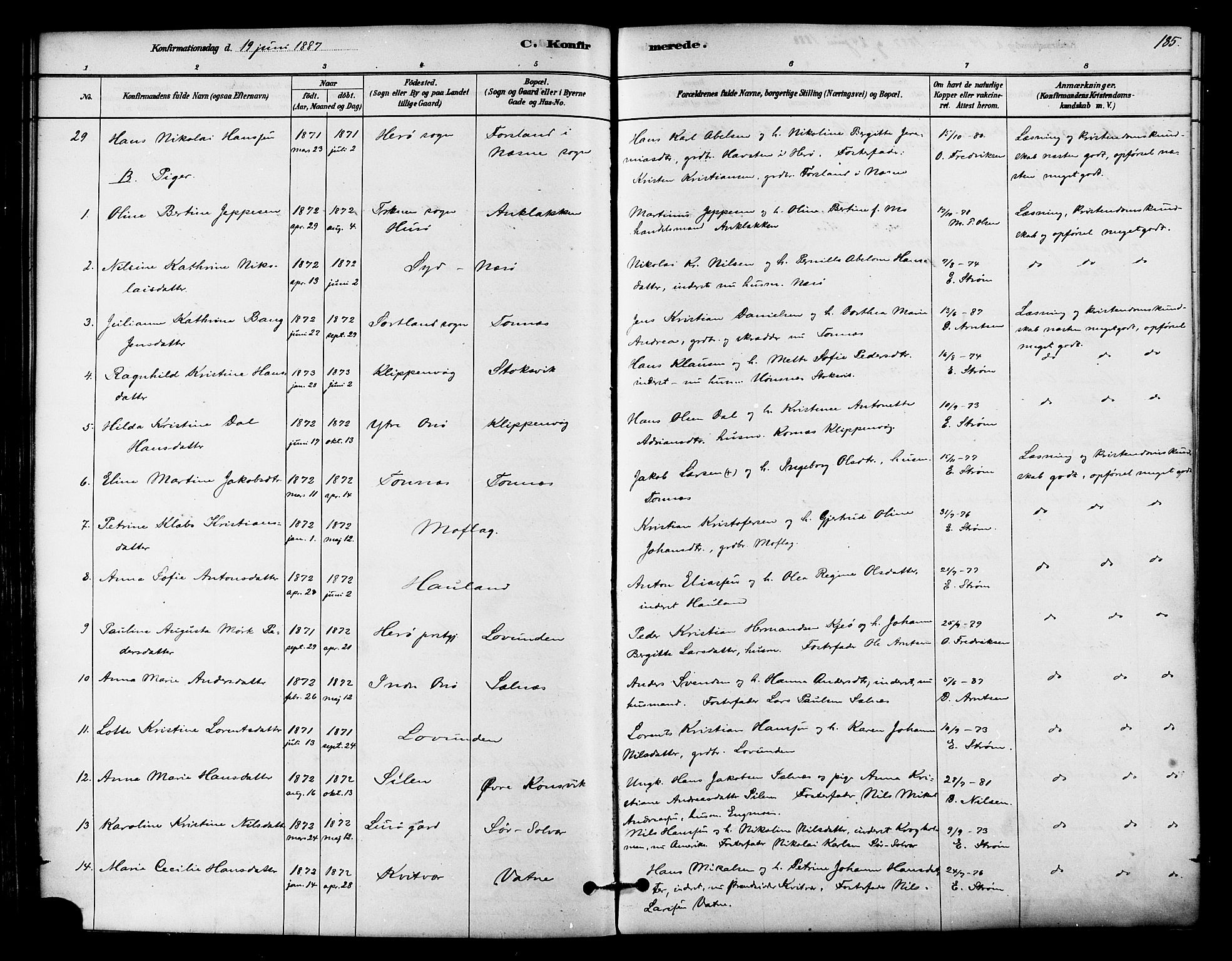 Ministerialprotokoller, klokkerbøker og fødselsregistre - Nordland, SAT/A-1459/839/L0568: Parish register (official) no. 839A05, 1880-1902, p. 185