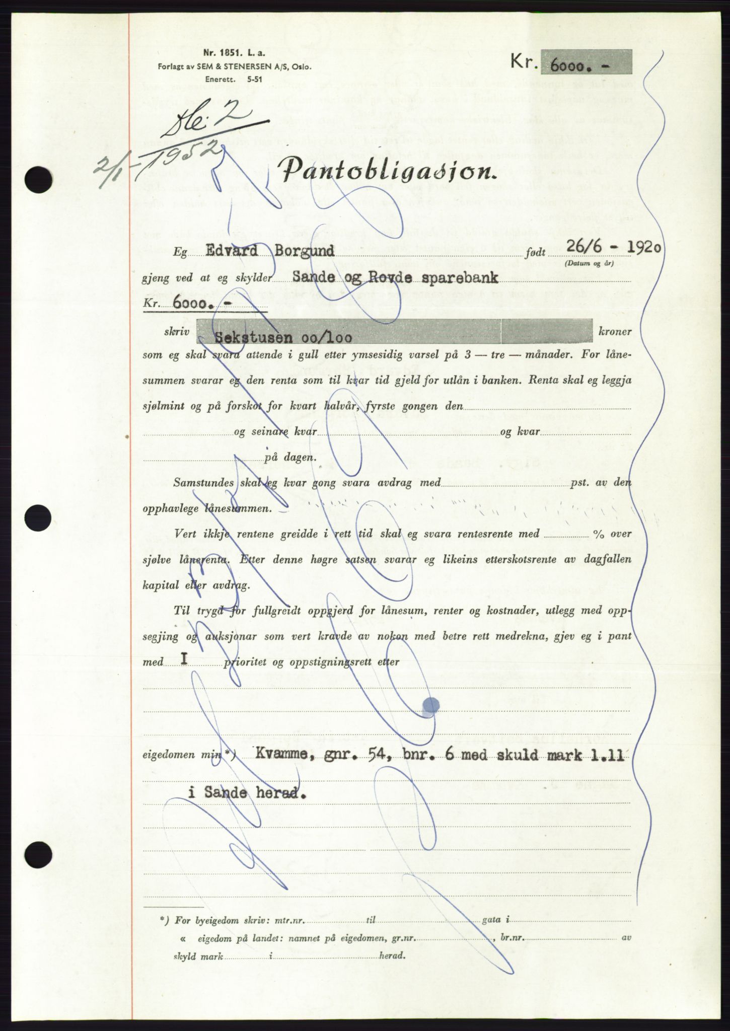 Søre Sunnmøre sorenskriveri, AV/SAT-A-4122/1/2/2C/L0121: Mortgage book no. 9B, 1951-1952, Diary no: : 2/1952