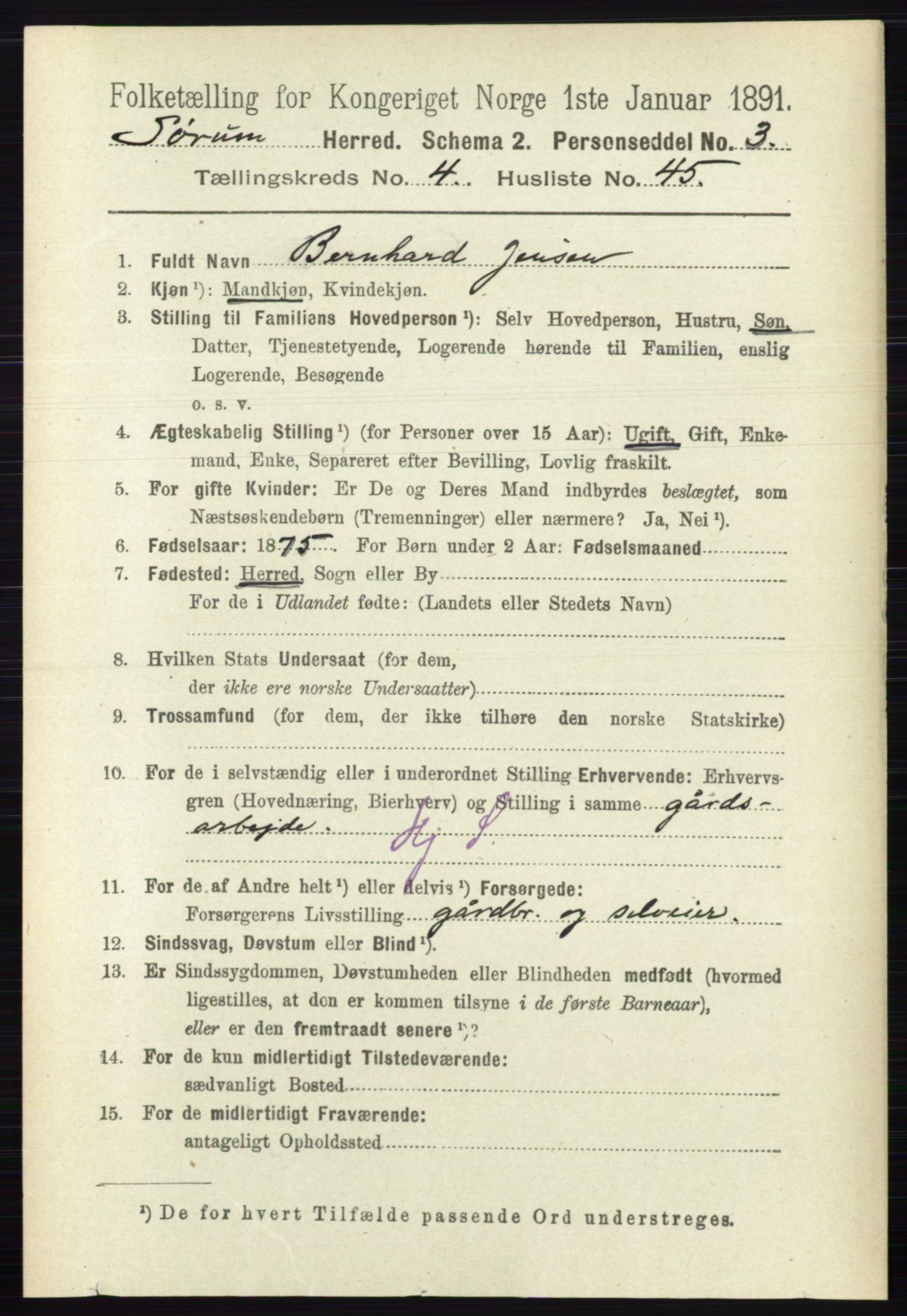 RA, 1891 census for 0226 Sørum, 1891, p. 2138