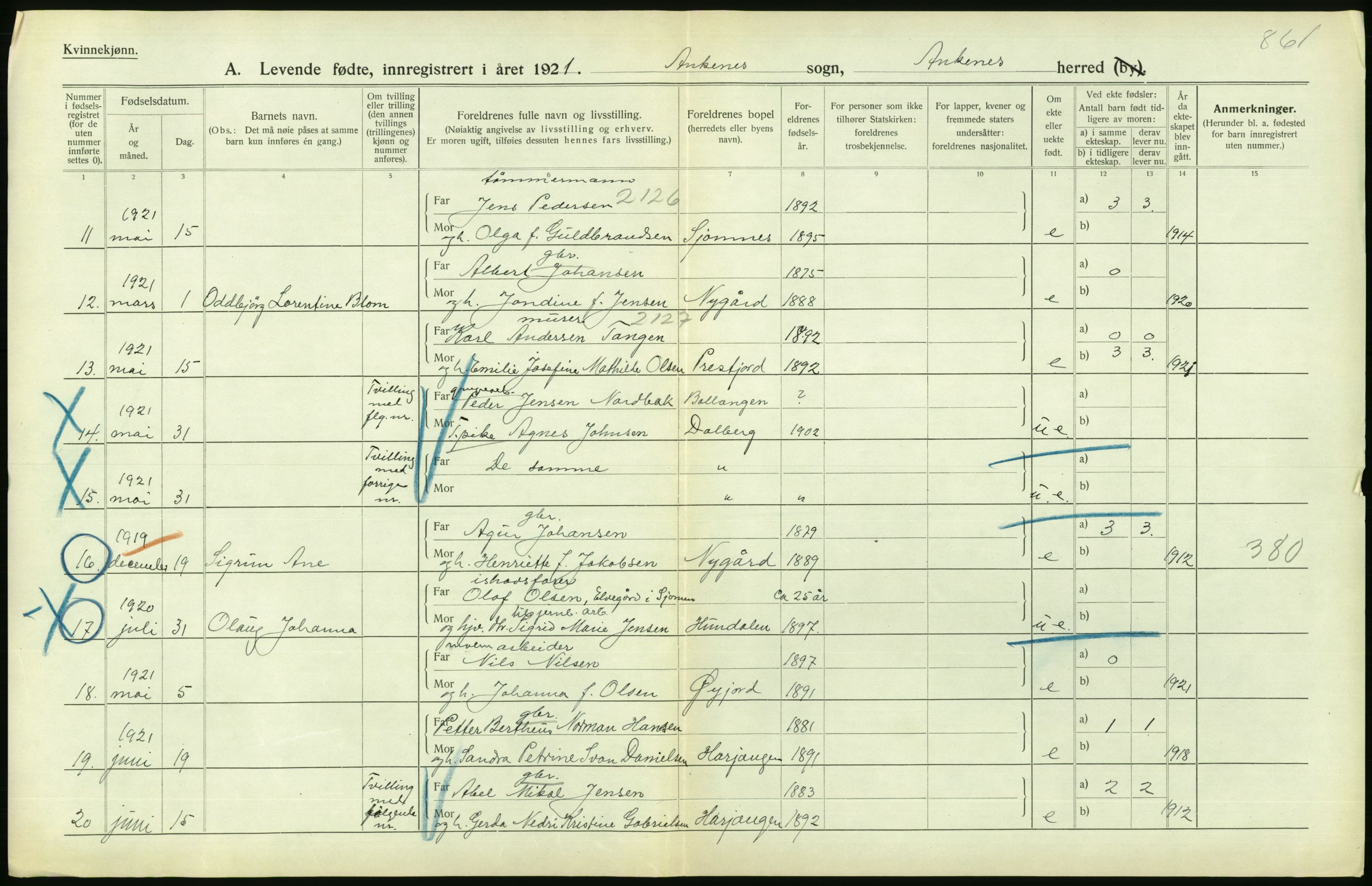 Statistisk sentralbyrå, Sosiodemografiske emner, Befolkning, AV/RA-S-2228/D/Df/Dfc/Dfca/L0049: Nordland fylke: Levendefødte menn og kvinner. Bygder., 1921, p. 274