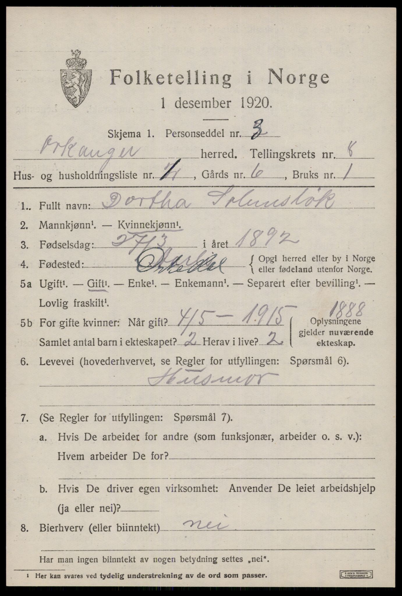 SAT, 1920 census for Orkanger, 1920, p. 3981