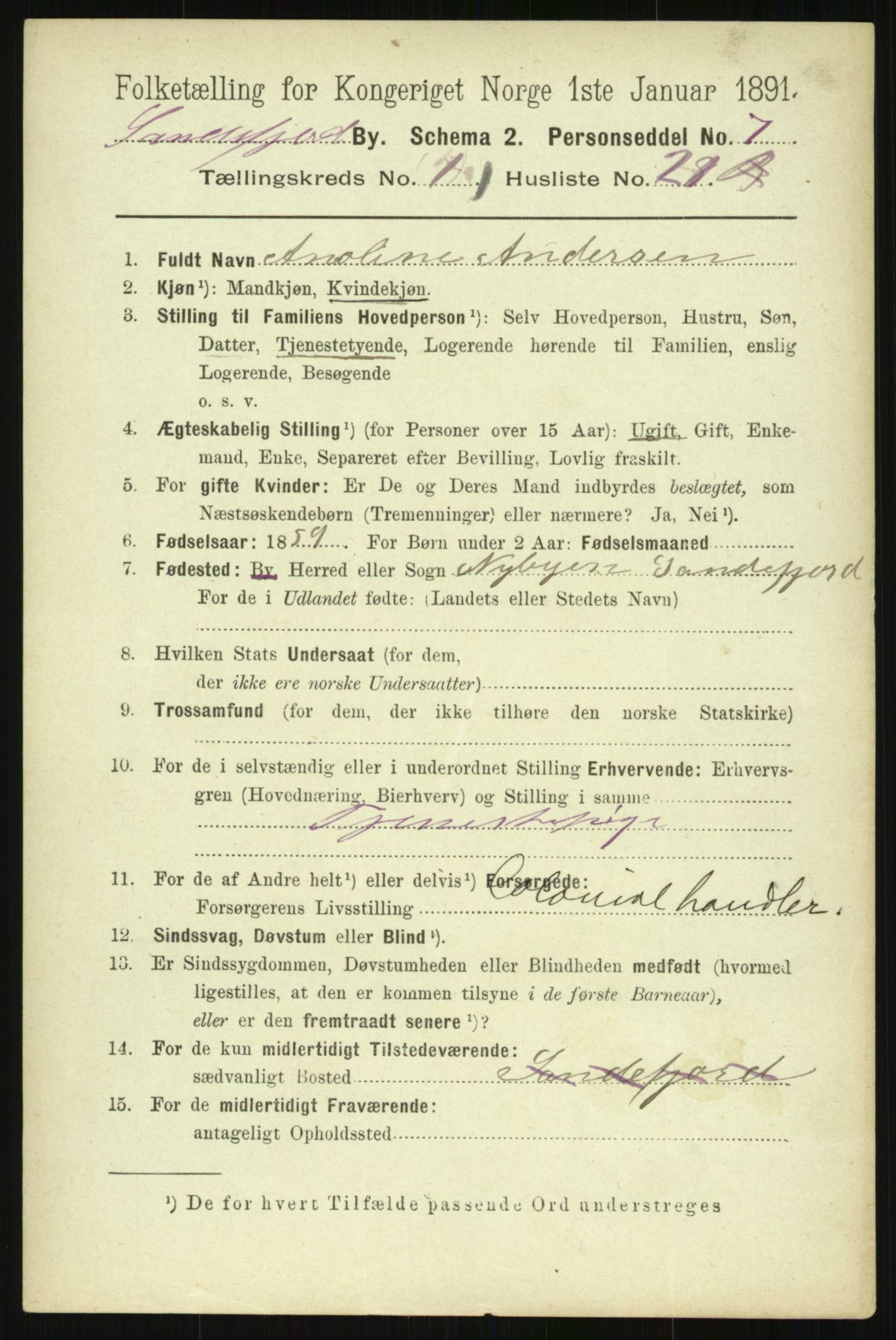 RA, 1891 census for 0706 Sandefjord, 1891, p. 4073