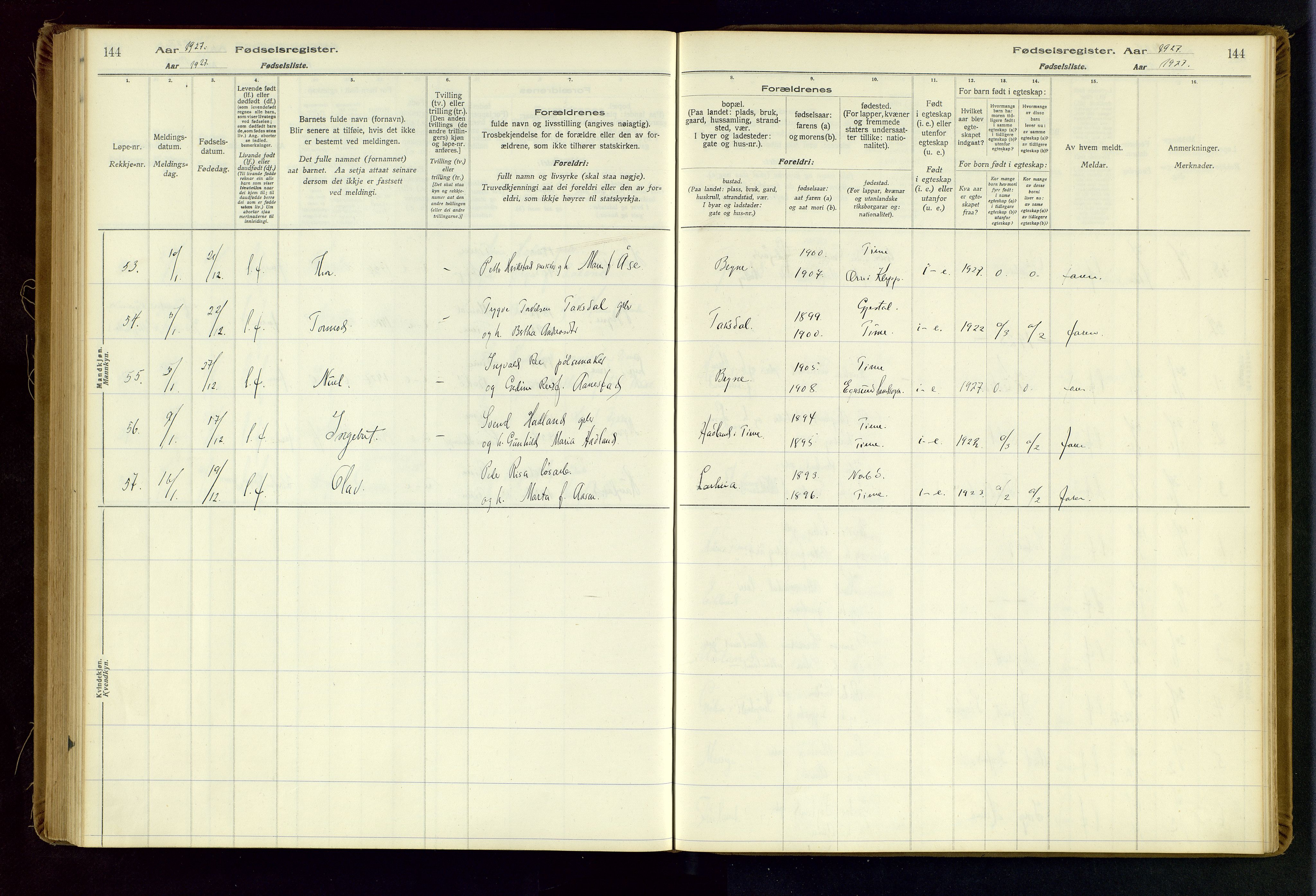 Time sokneprestkontor, AV/SAST-A-101795/001/704BA/L0001: Birth register no. 1, 1916-1934, p. 144