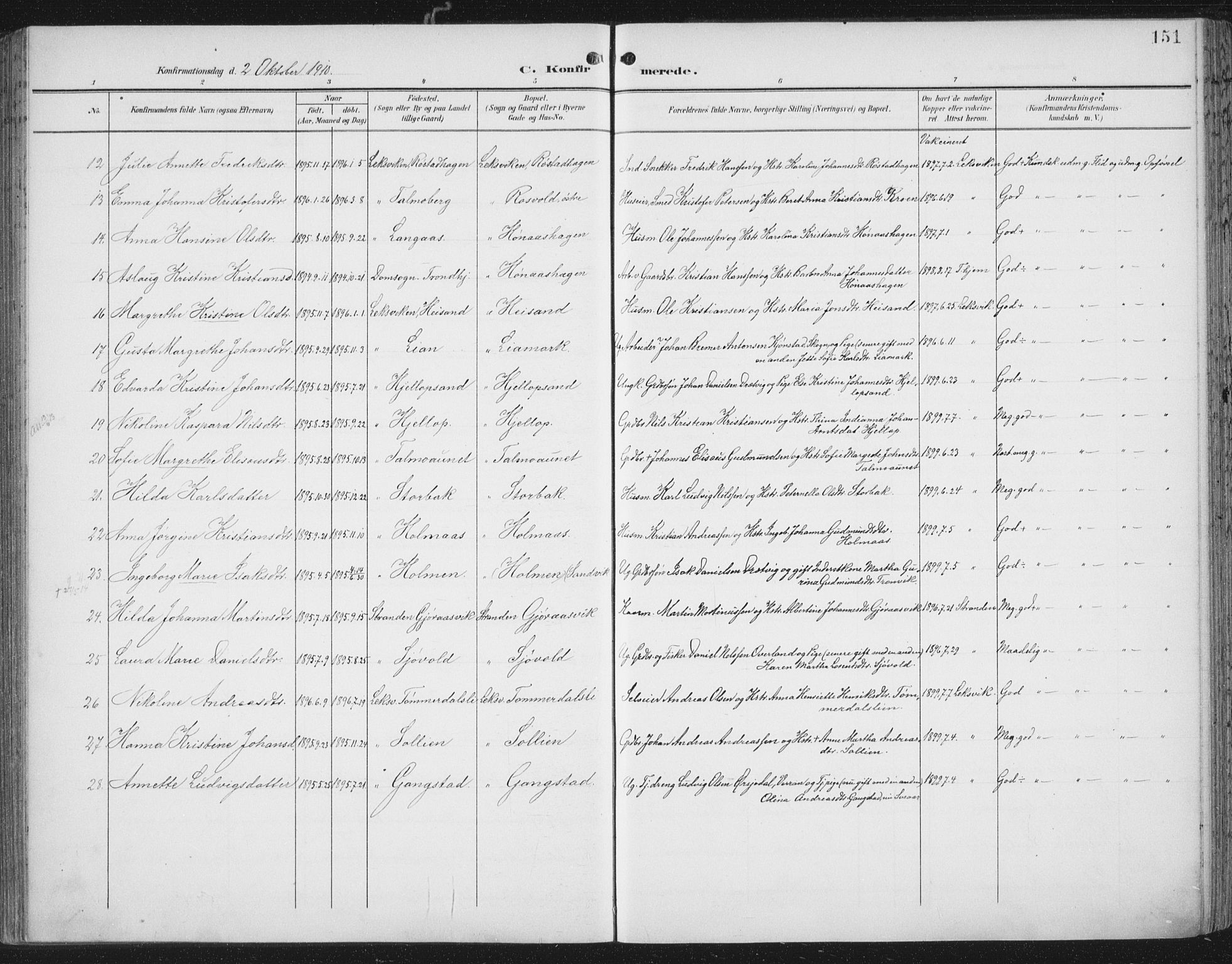 Ministerialprotokoller, klokkerbøker og fødselsregistre - Nord-Trøndelag, AV/SAT-A-1458/701/L0011: Parish register (official) no. 701A11, 1899-1915, p. 151