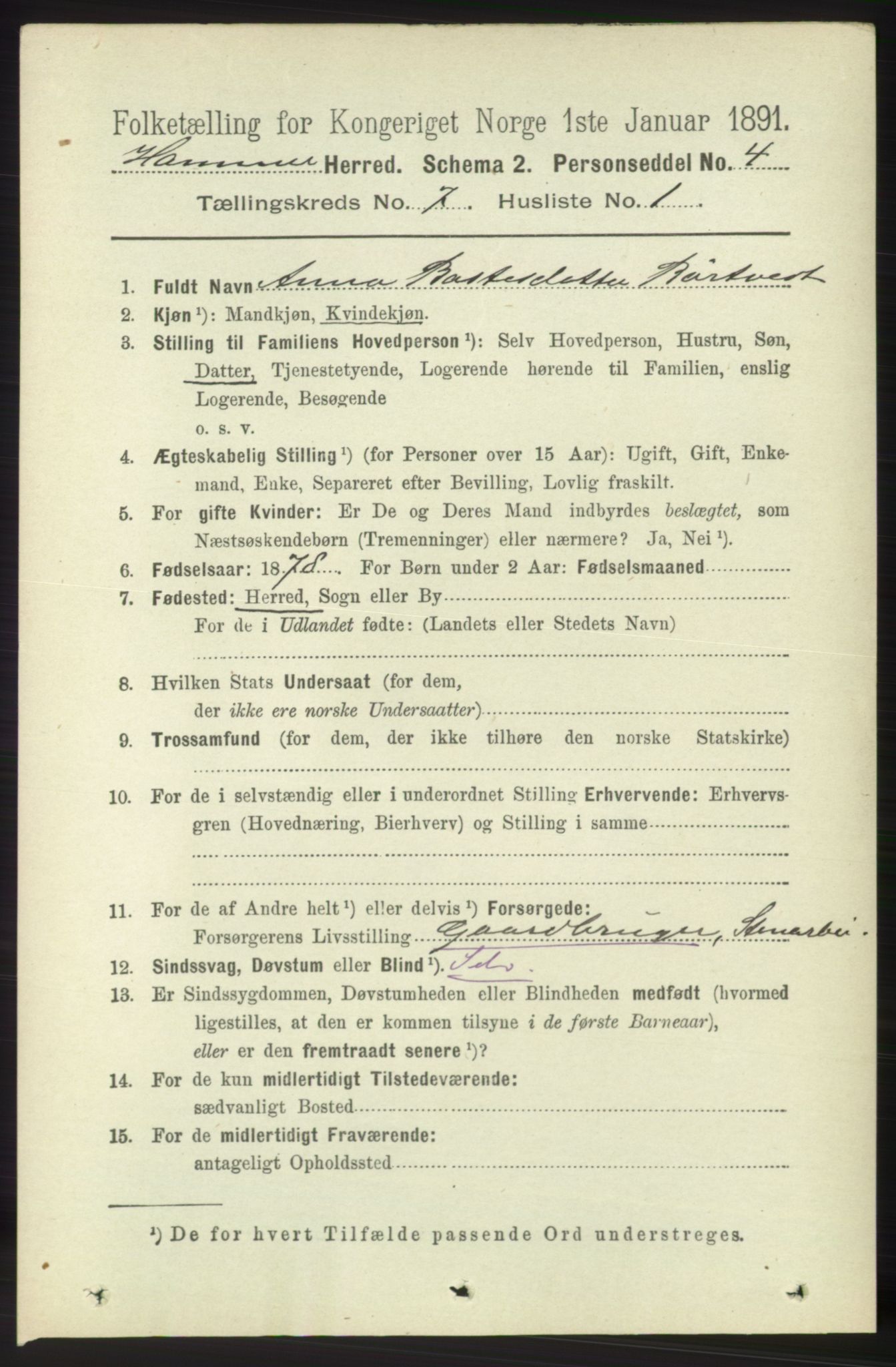 RA, 1891 census for 1254 Hamre, 1891, p. 1700