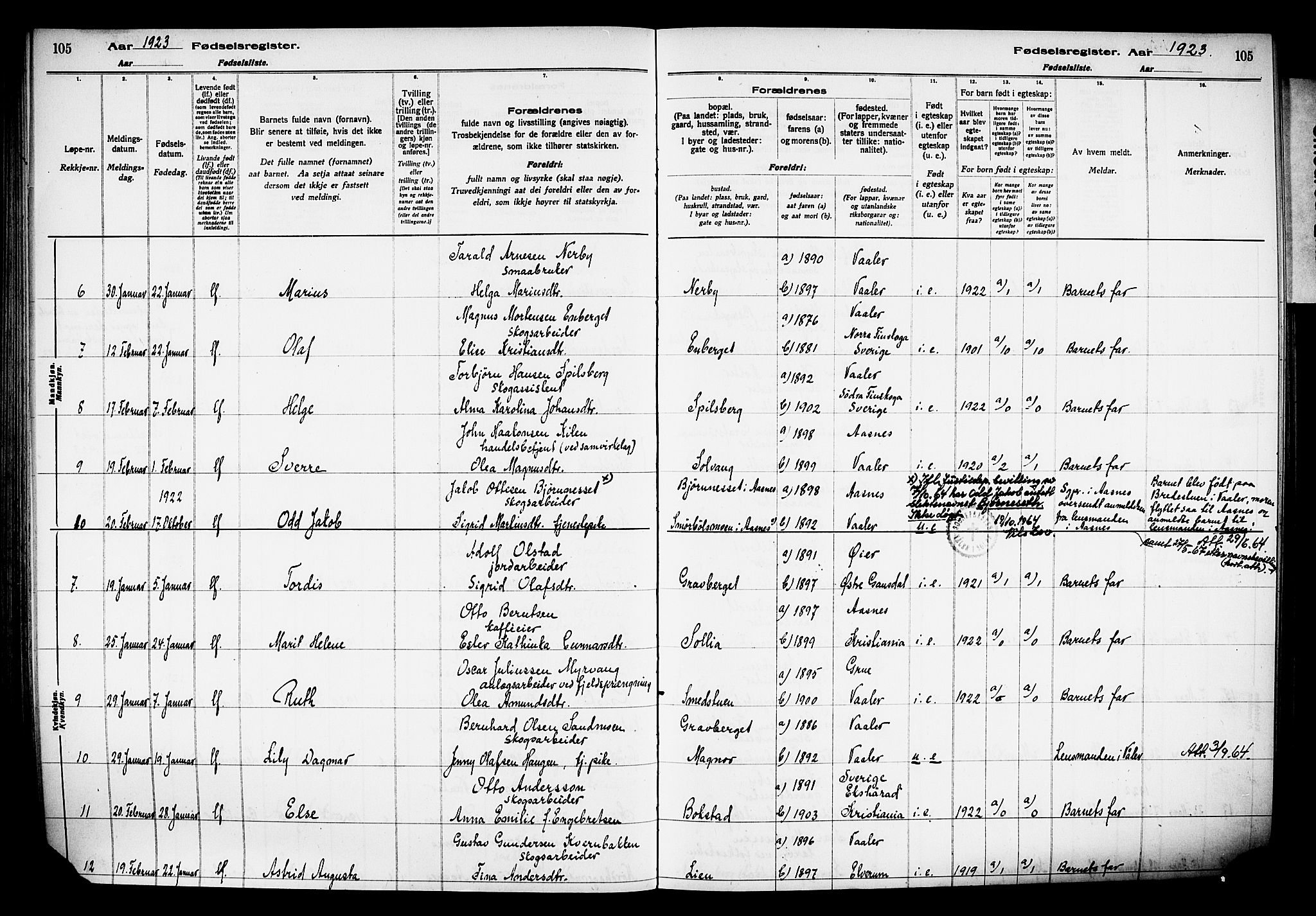 Våler prestekontor, Hedmark, AV/SAH-PREST-040/I/Id/L0001: Birth register no. 1, 1916-1930, p. 105