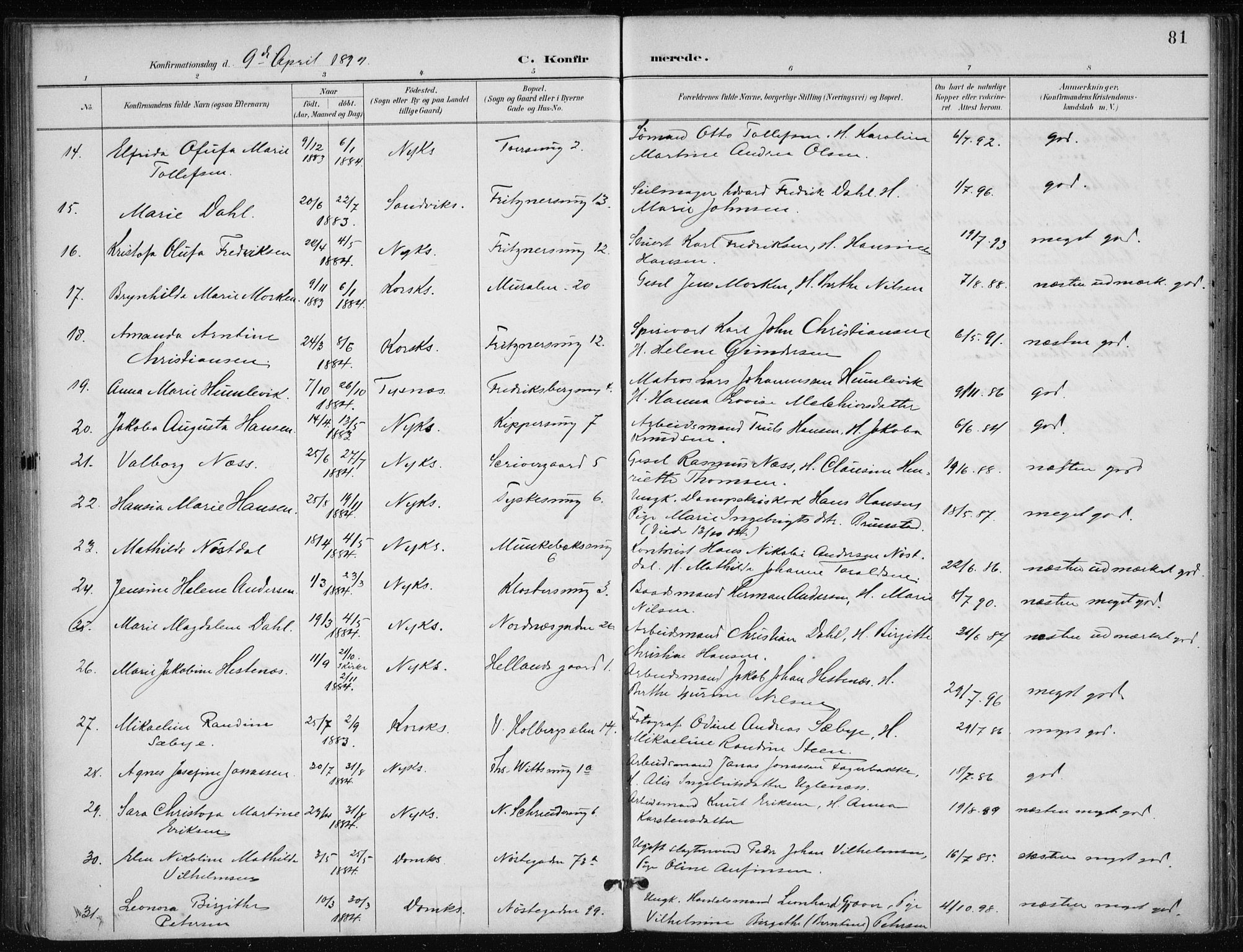Nykirken Sokneprestembete, AV/SAB-A-77101/H/Haa/L0028: Parish register (official) no. C 7, 1887-1913, p. 81