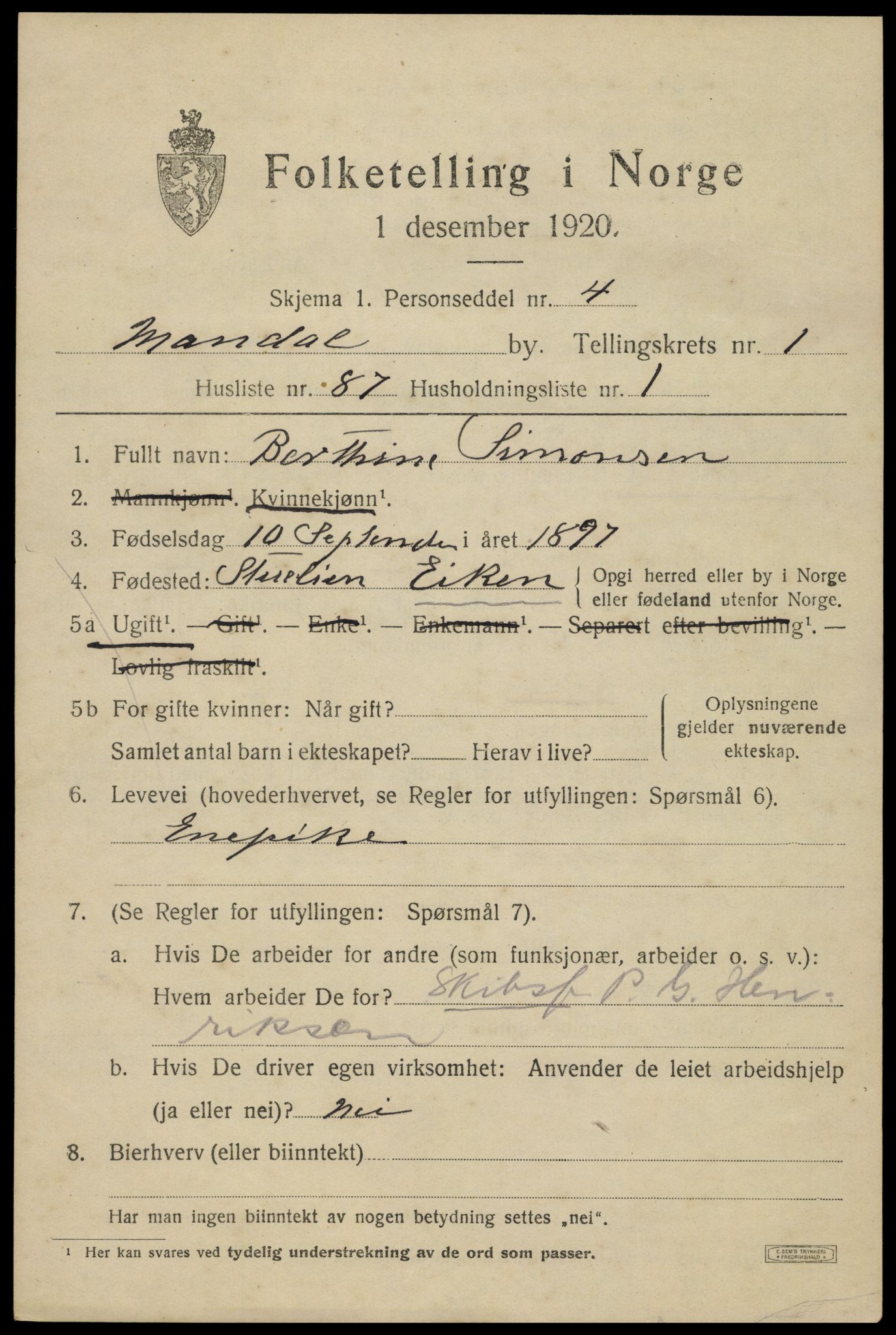 SAK, 1920 census for Mandal, 1920, p. 4155