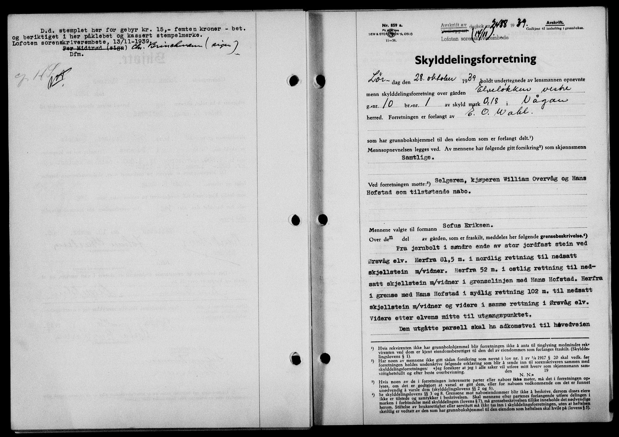 Lofoten sorenskriveri, SAT/A-0017/1/2/2C/L0006a: Mortgage book no. 6a, 1939-1939, Diary no: : 2488/1939