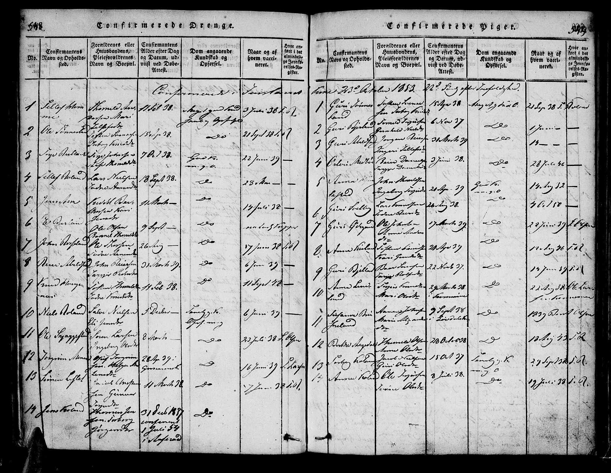 Bjelland sokneprestkontor, SAK/1111-0005/F/Fa/Faa/L0002: Parish register (official) no. A 2, 1816-1866, p. 548-549