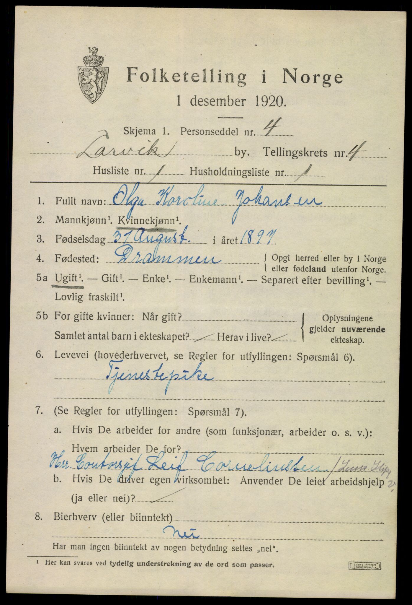 SAKO, 1920 census for Larvik, 1920, p. 13468