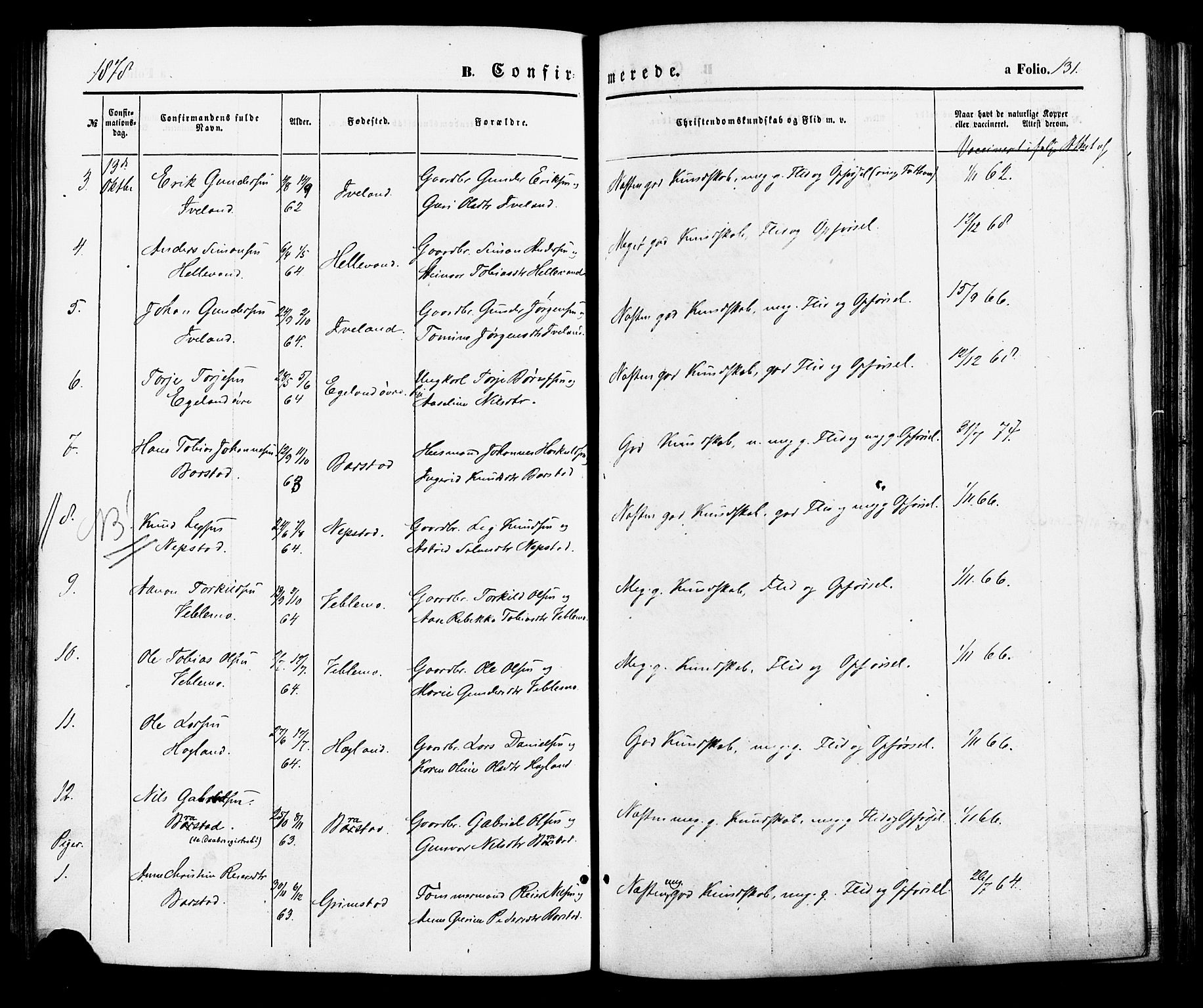 Nord-Audnedal sokneprestkontor, AV/SAK-1111-0032/F/Fa/Faa/L0002: Parish register (official) no. A 2, 1857-1882, p. 131