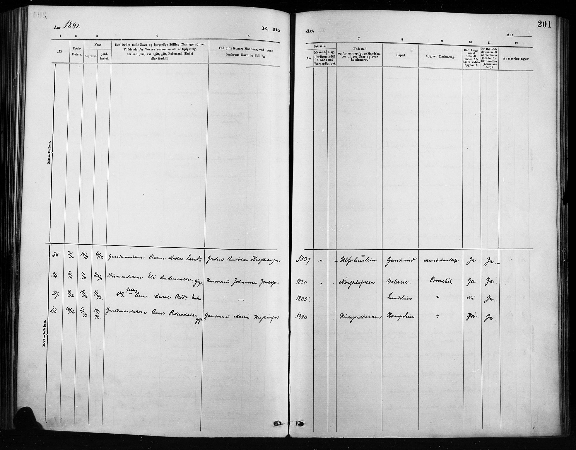 Nordre Land prestekontor, AV/SAH-PREST-124/H/Ha/Haa/L0004: Parish register (official) no. 4, 1882-1896, p. 201