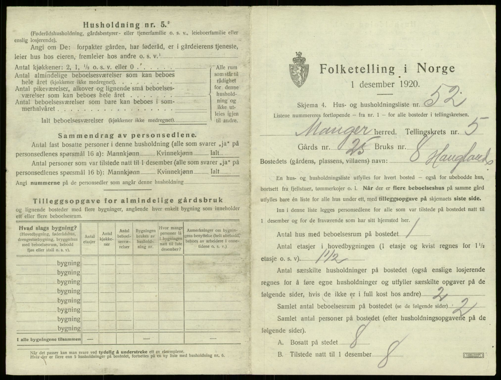 SAB, 1920 census for Manger, 1920, p. 442