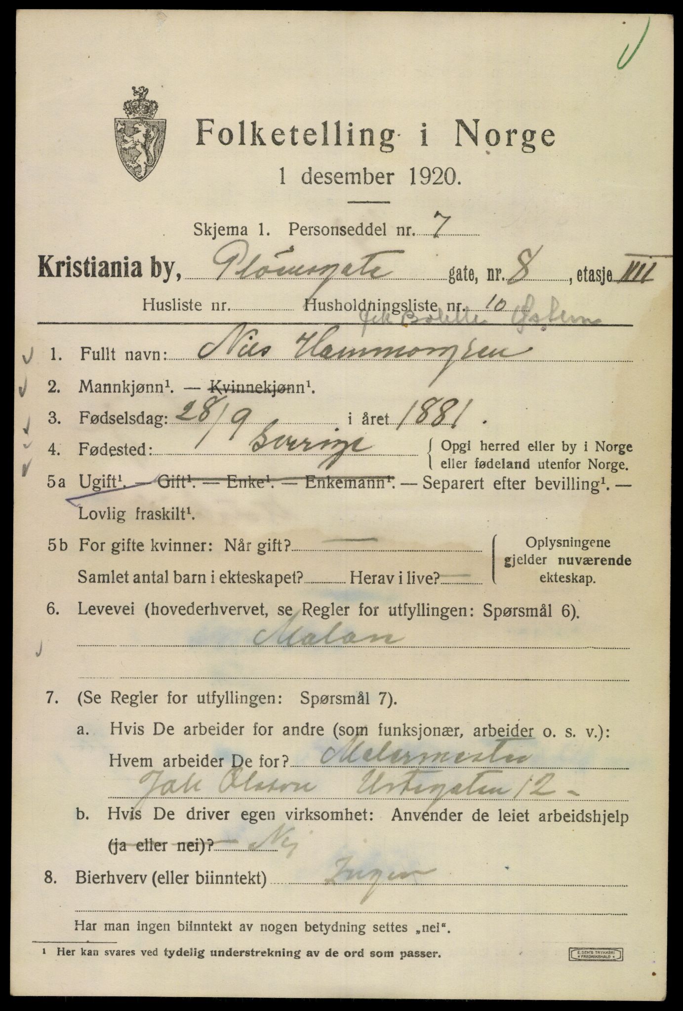 SAO, 1920 census for Kristiania, 1920, p. 456391