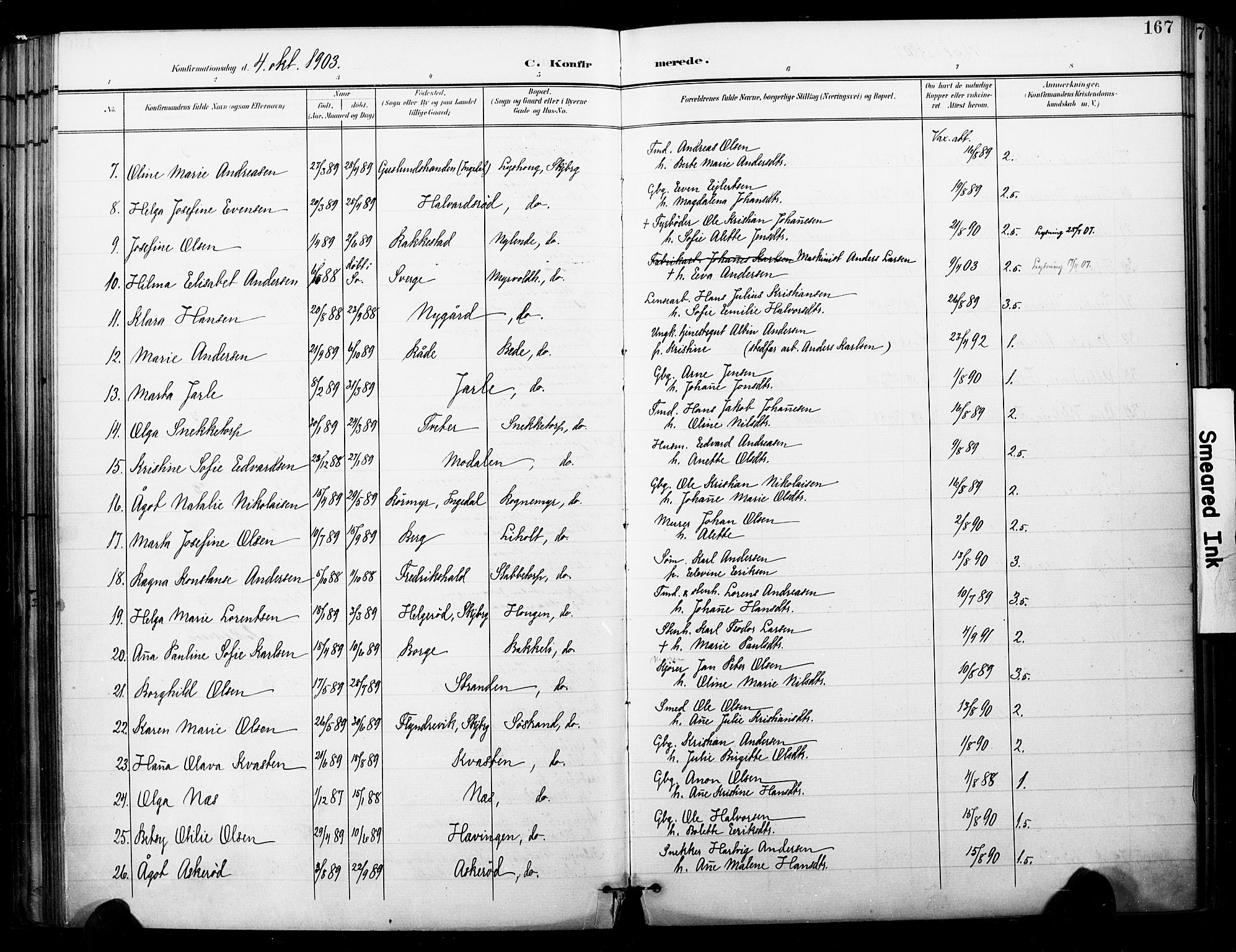 Skjeberg prestekontor Kirkebøker, SAO/A-10923/F/Fa/L0010: Parish register (official) no. I 10, 1898-1911, p. 167
