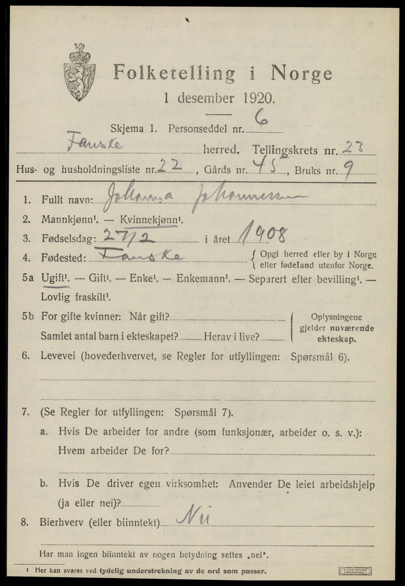 SAT, 1920 census for Fauske, 1920, p. 14554