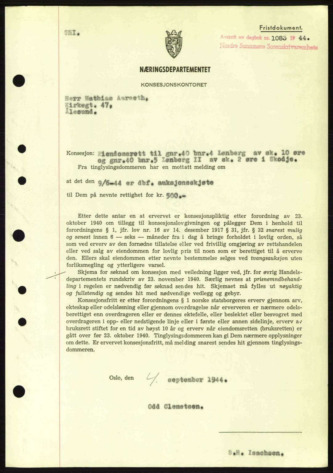 Nordre Sunnmøre sorenskriveri, SAT/A-0006/1/2/2C/2Ca: Mortgage book no. B6-14 a, 1942-1945, Diary no: : 1083/1944