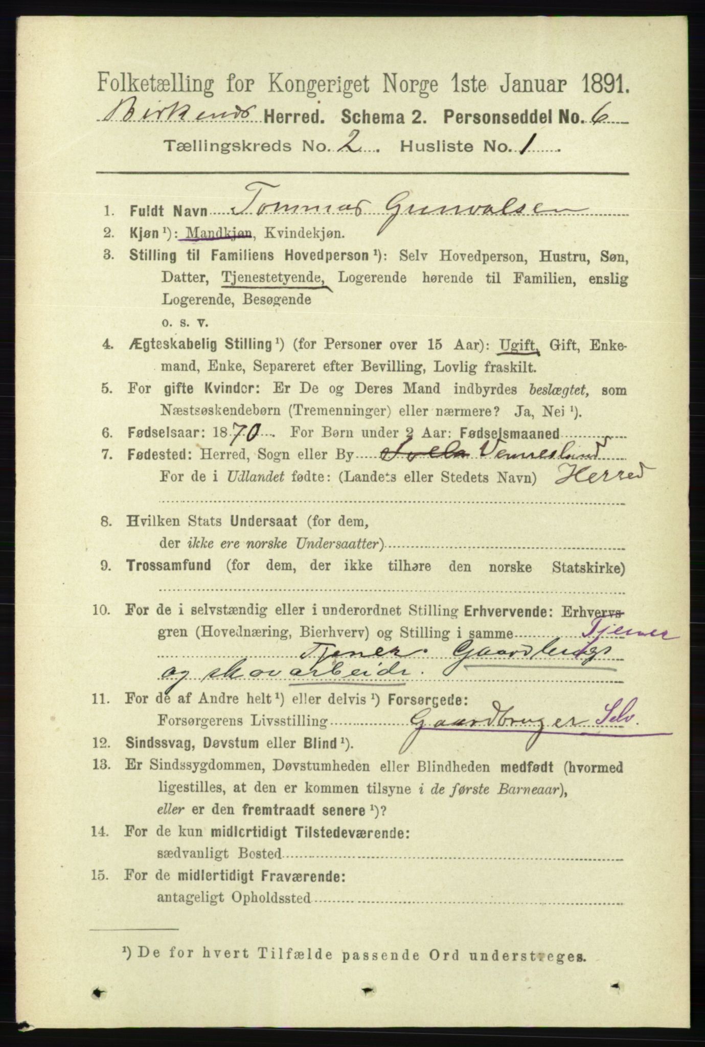 RA, 1891 Census for 0928 Birkenes, 1891, p. 505