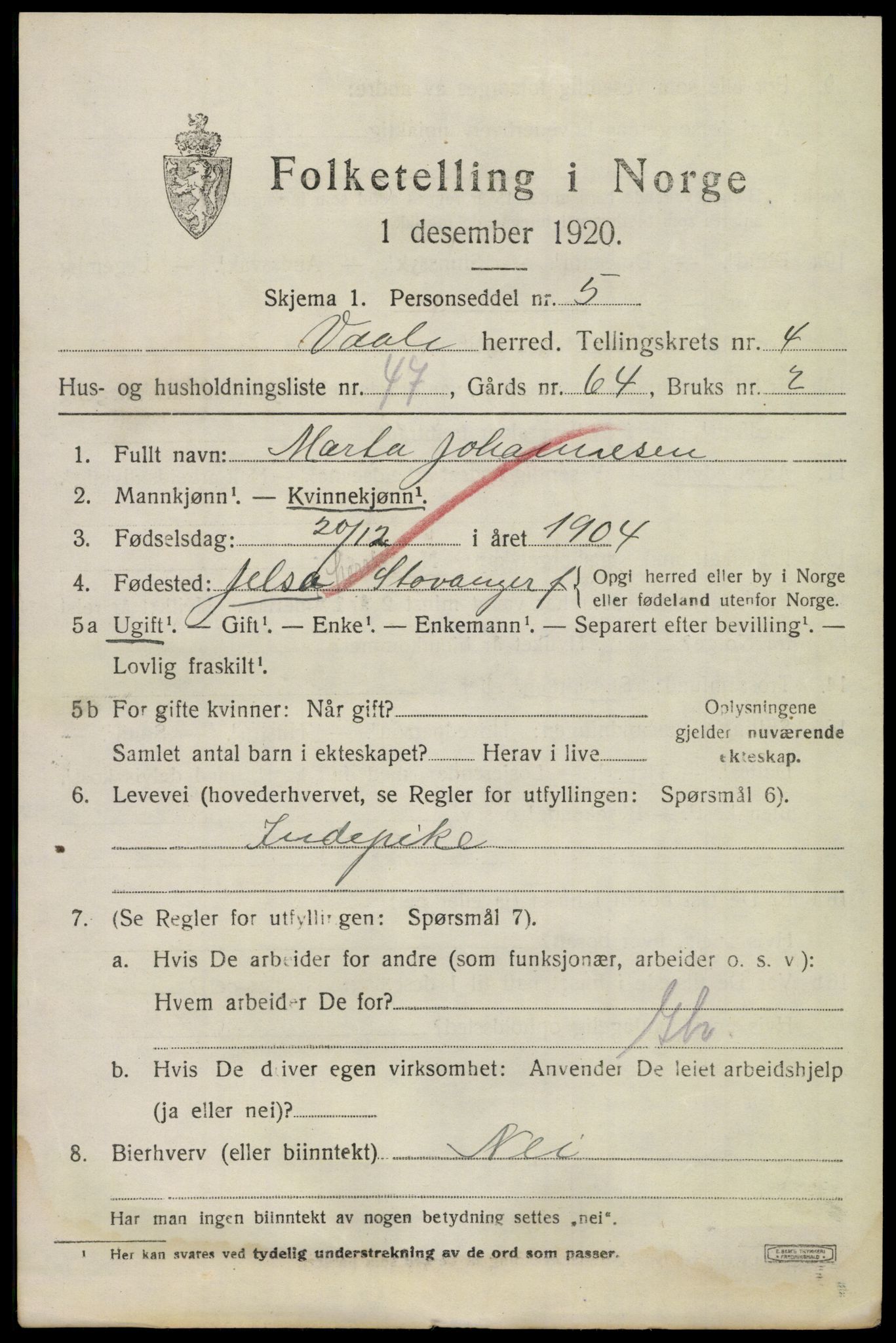 SAKO, 1920 census for Våle, 1920, p. 3600