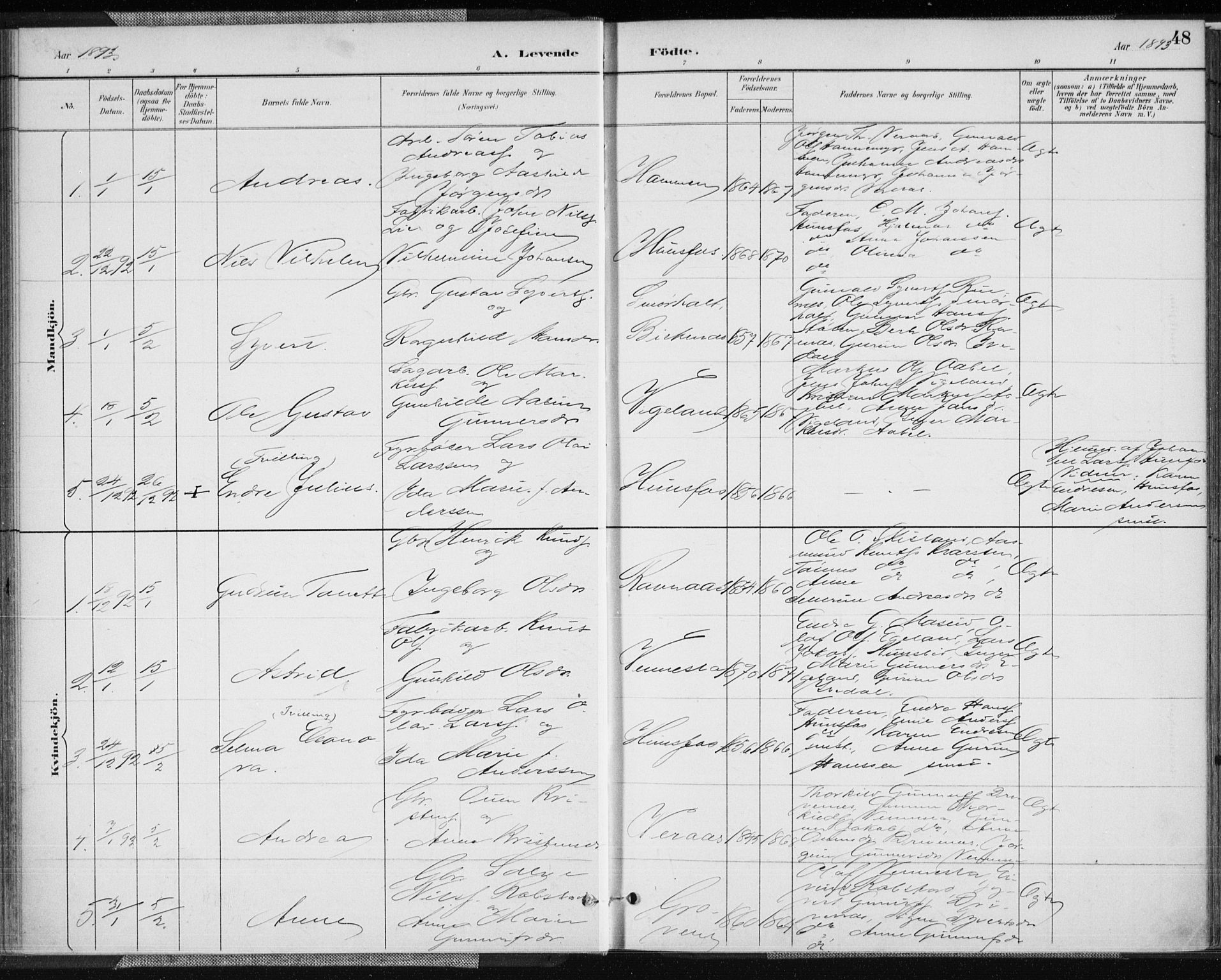 Vennesla sokneprestkontor, AV/SAK-1111-0045/Fa/Fab/L0004: Parish register (official) no. A 4, 1884-1896, p. 48