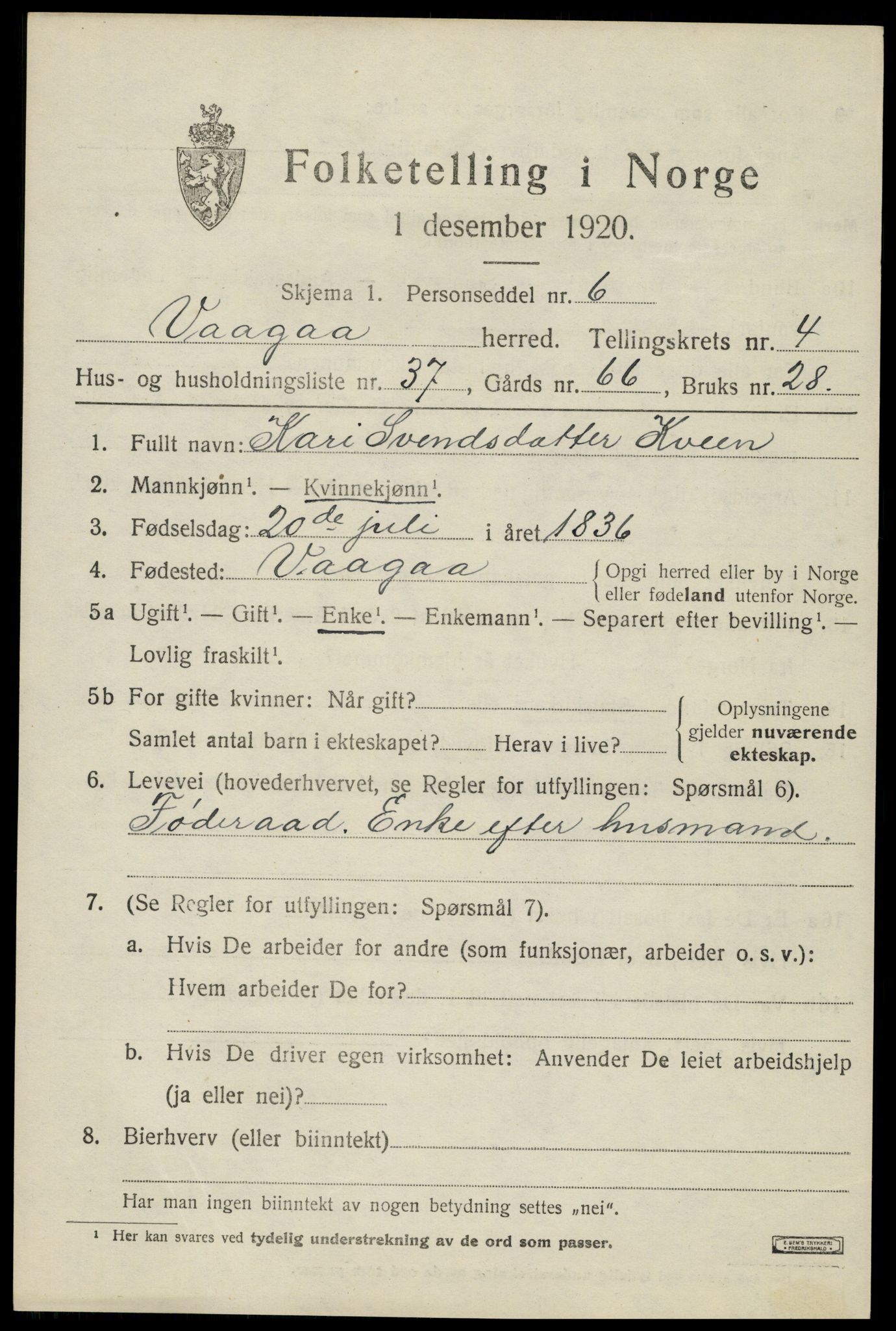 SAH, 1920 census for Vågå, 1920, p. 3790