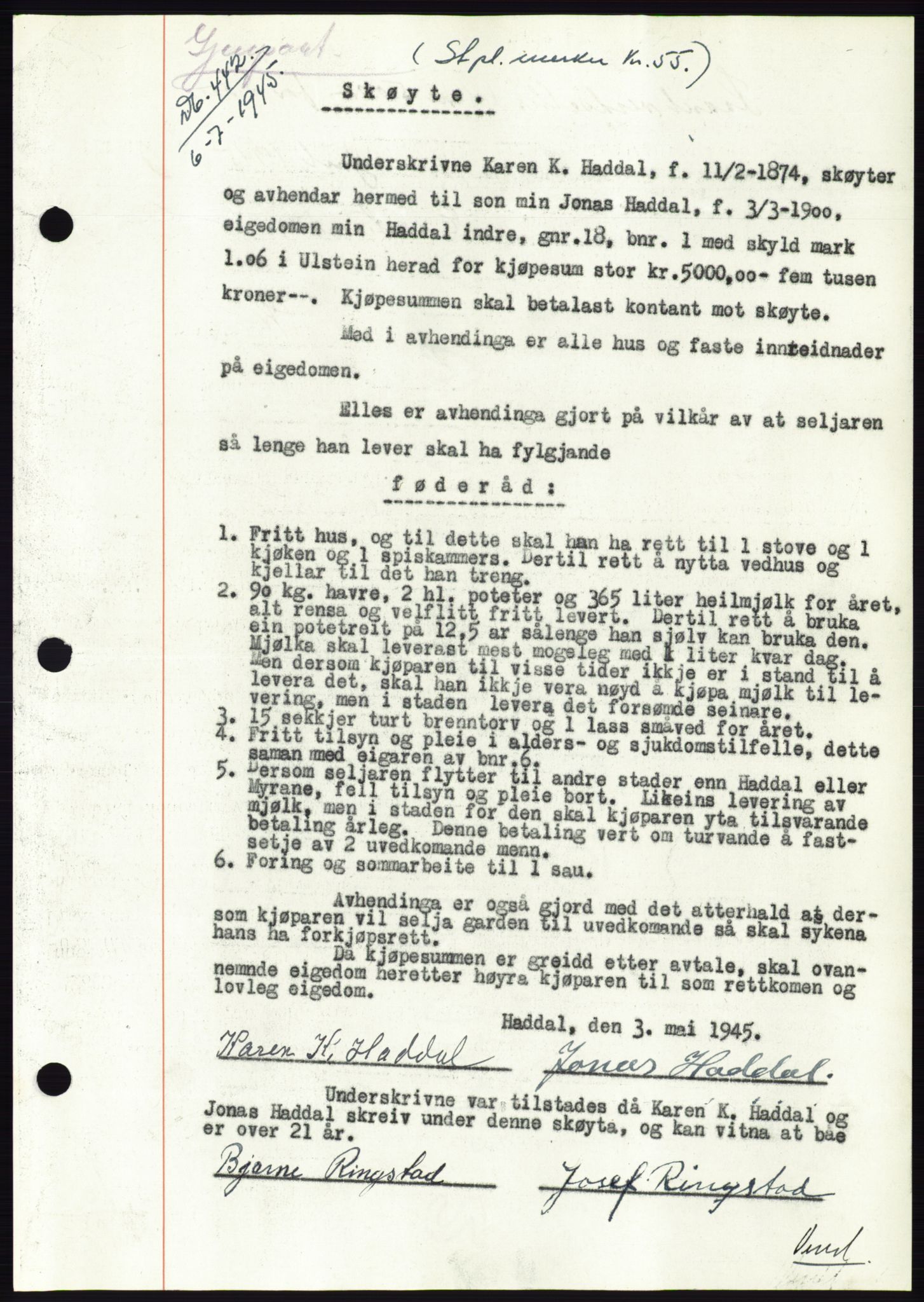 Søre Sunnmøre sorenskriveri, AV/SAT-A-4122/1/2/2C/L0077: Mortgage book no. 3A, 1945-1946, Diary no: : 442/1945