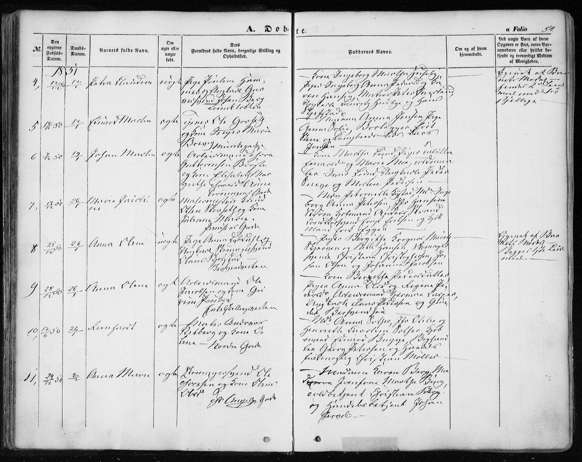 Ministerialprotokoller, klokkerbøker og fødselsregistre - Sør-Trøndelag, SAT/A-1456/601/L0051: Parish register (official) no. 601A19, 1848-1857, p. 54