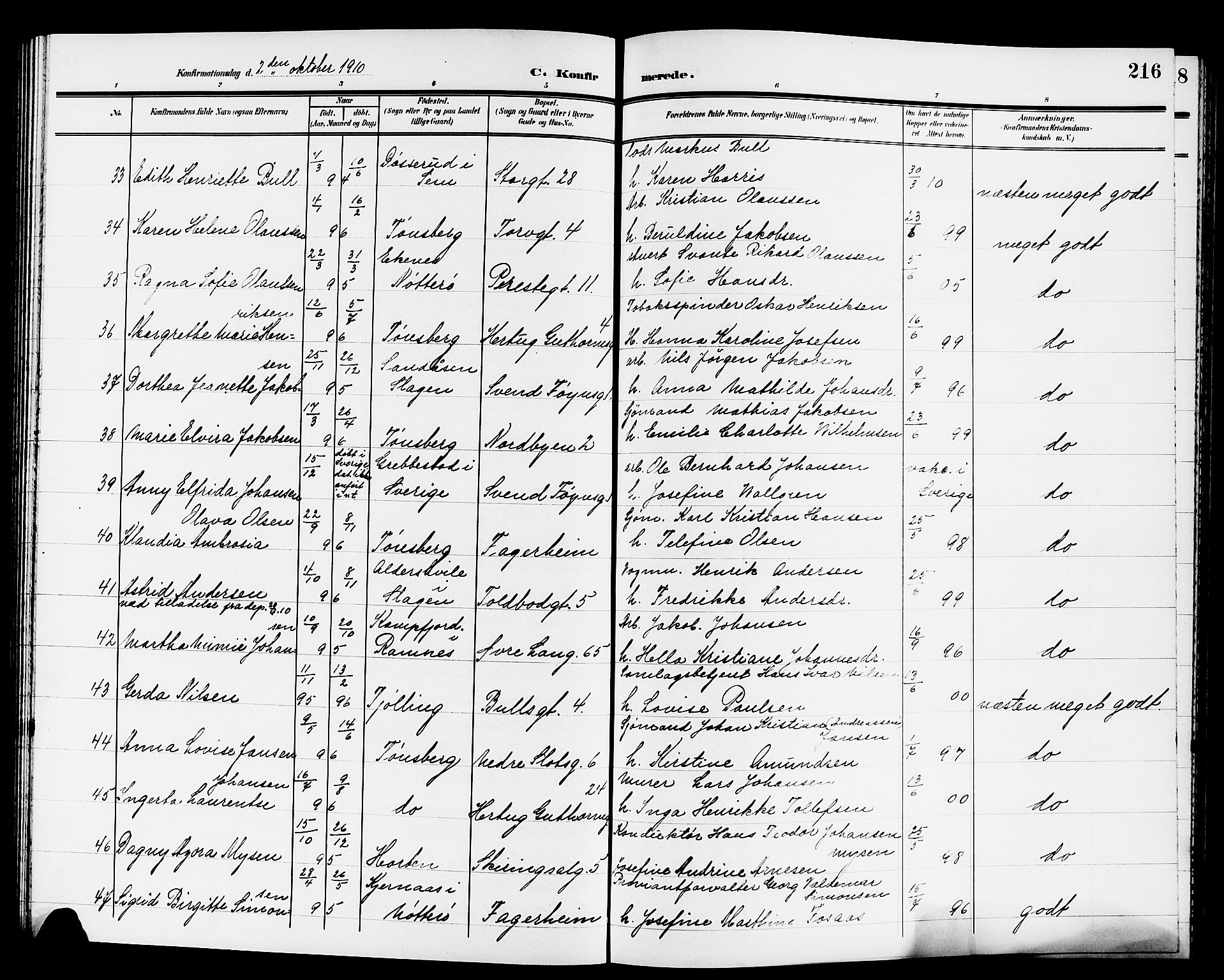 Tønsberg kirkebøker, AV/SAKO-A-330/G/Ga/L0008: Parish register (copy) no. 8, 1905-1912, p. 216