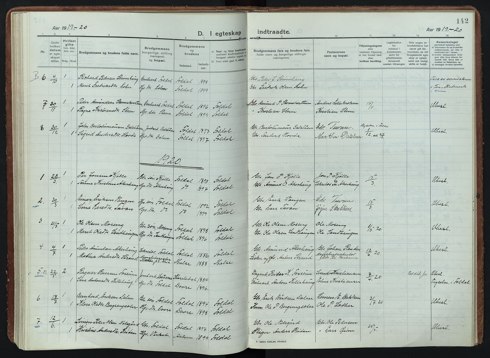 Alvdal prestekontor, SAH/PREST-060/H/Ha/Haa/L0005: Parish register (official) no. 5, 1913-1930, p. 142