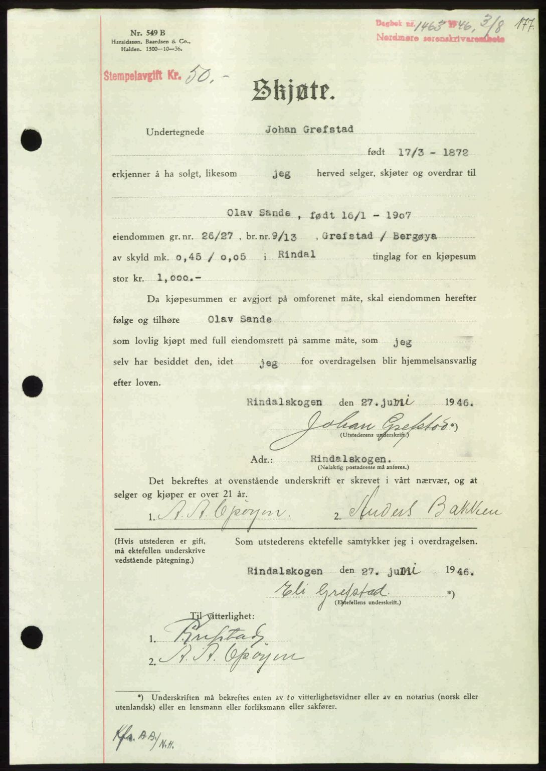 Nordmøre sorenskriveri, AV/SAT-A-4132/1/2/2Ca: Mortgage book no. A102, 1946-1946, Diary no: : 1463/1946