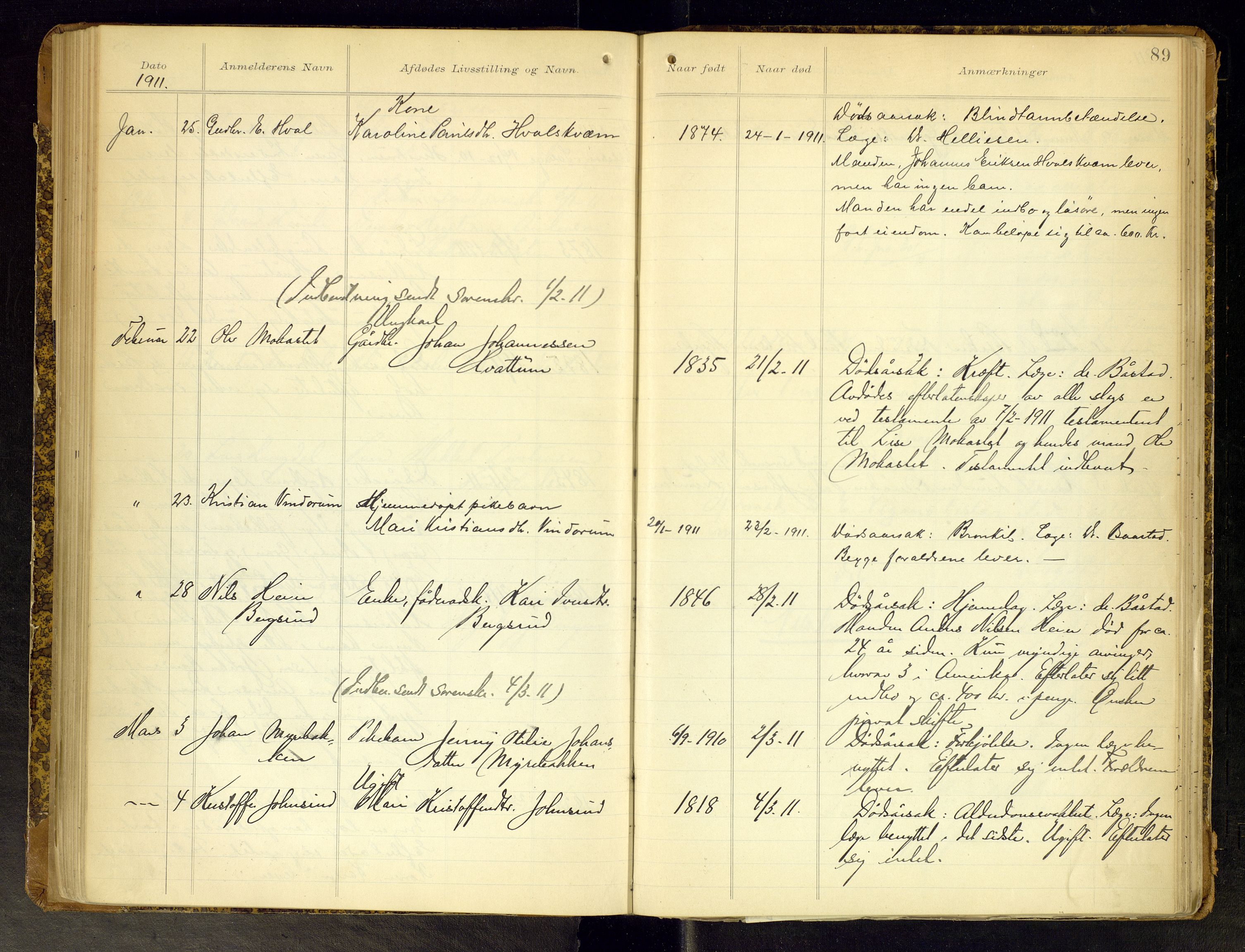 Gran lensmannskontor, AV/SAH-LOG-010/H/Ha/L0002: Dødsfallsprotokoll, 1899-1917, p. 89