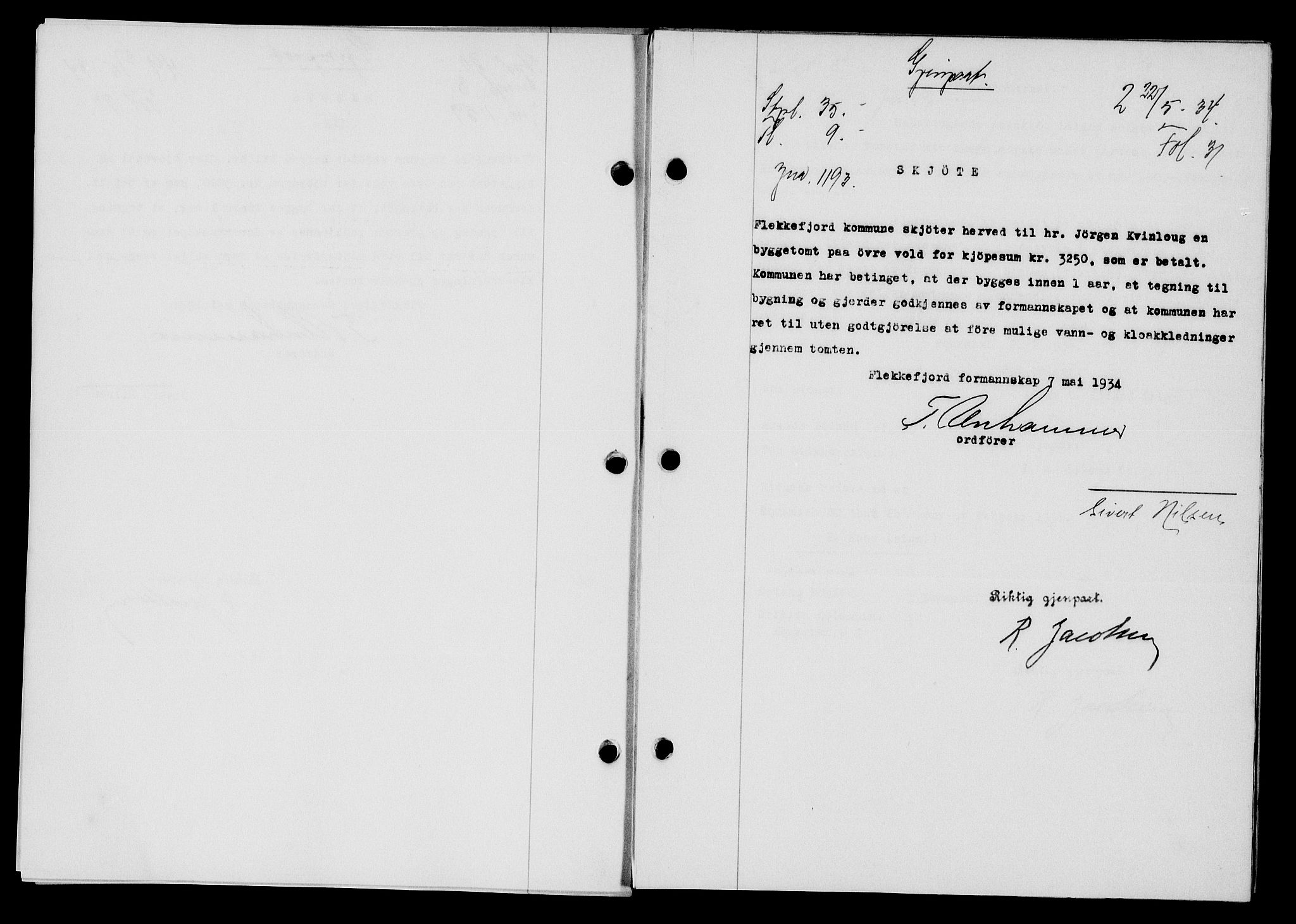 Flekkefjord sorenskriveri, AV/SAK-1221-0001/G/Gb/Gba/L0051: Mortgage book no. 47, 1934-1935, Deed date: 22.05.1934