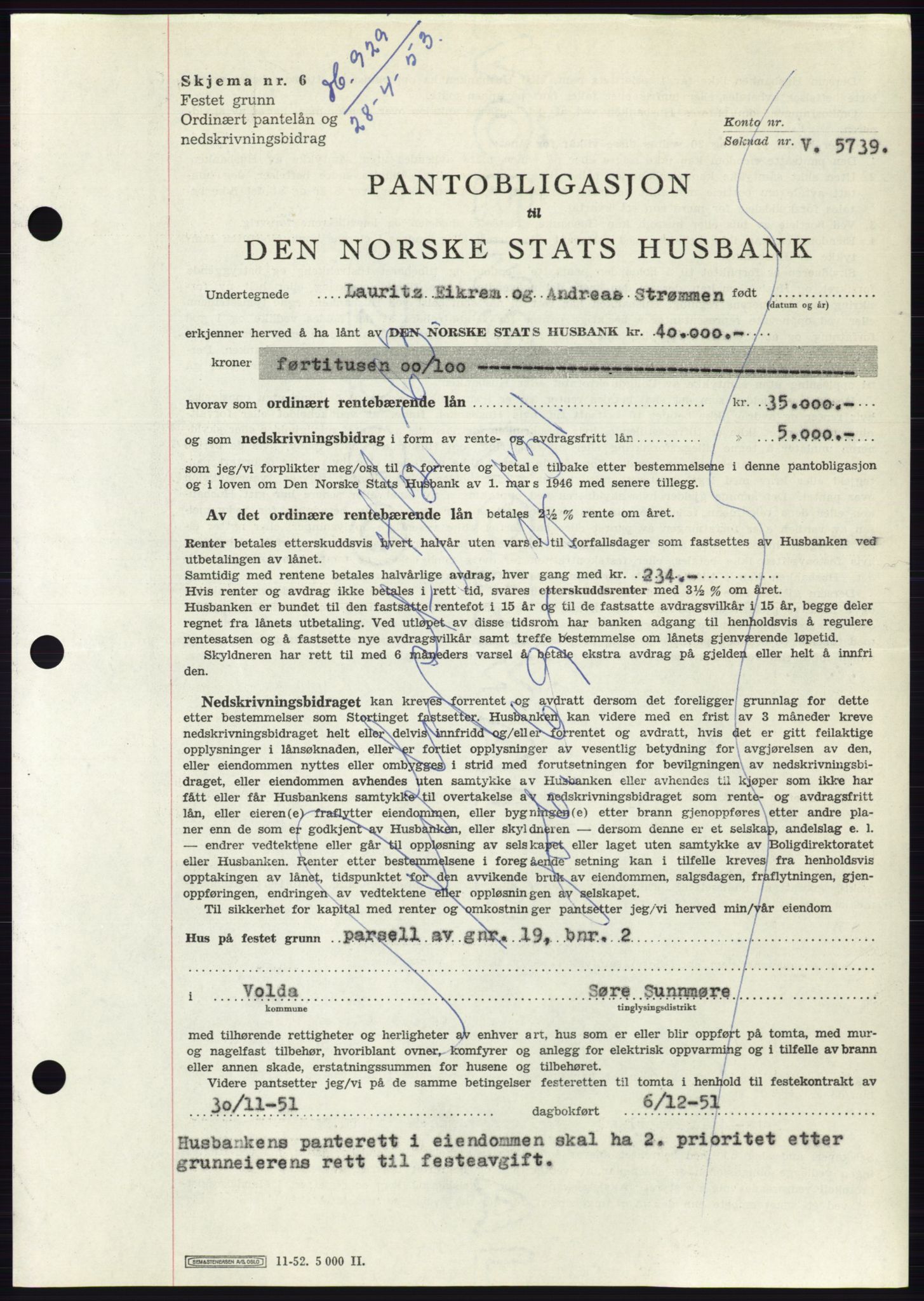 Søre Sunnmøre sorenskriveri, AV/SAT-A-4122/1/2/2C/L0123: Mortgage book no. 11B, 1953-1953, Diary no: : 929/1953