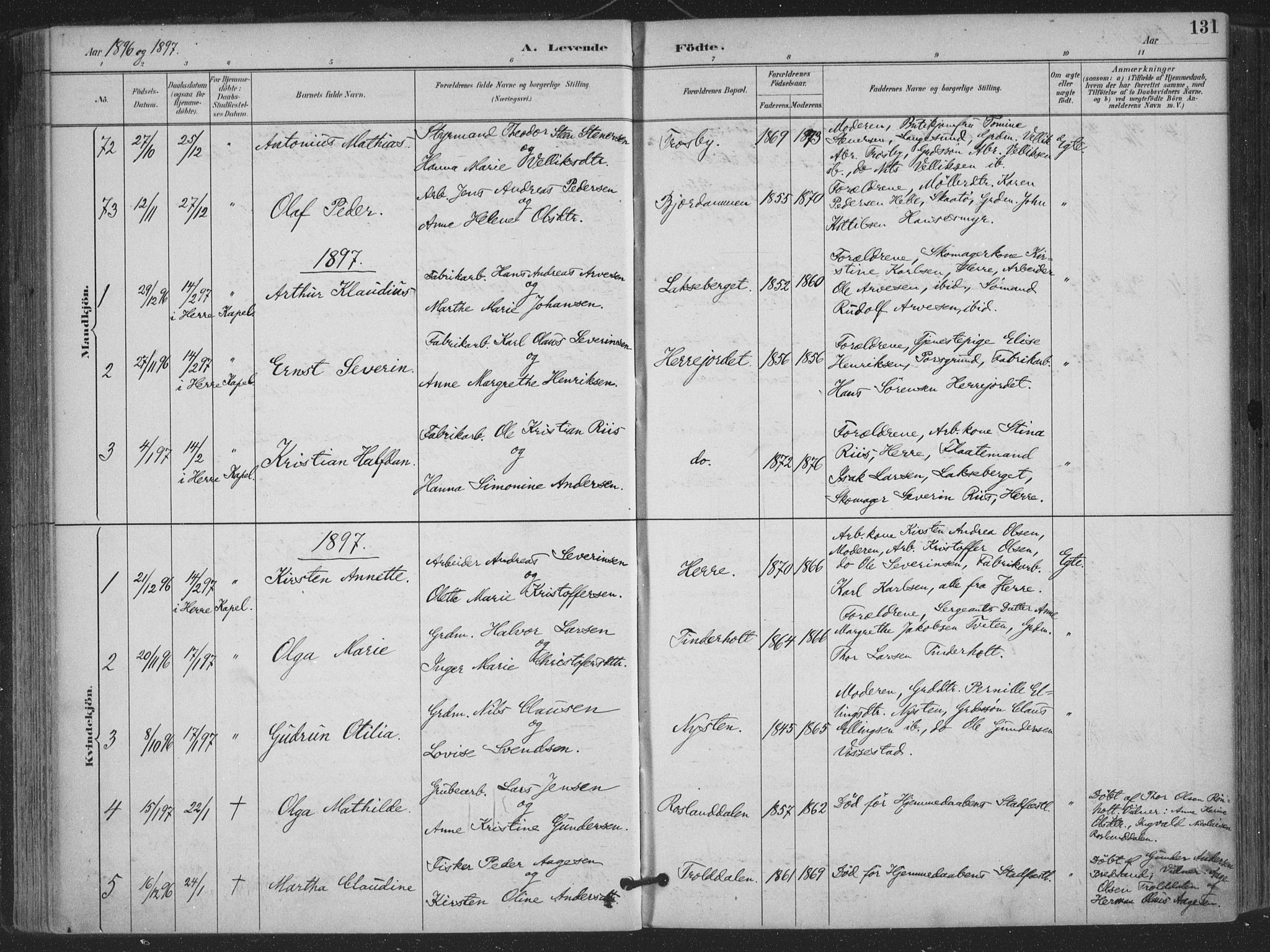 Bamble kirkebøker, AV/SAKO-A-253/F/Fa/L0008: Parish register (official) no. I 8, 1888-1900, p. 131