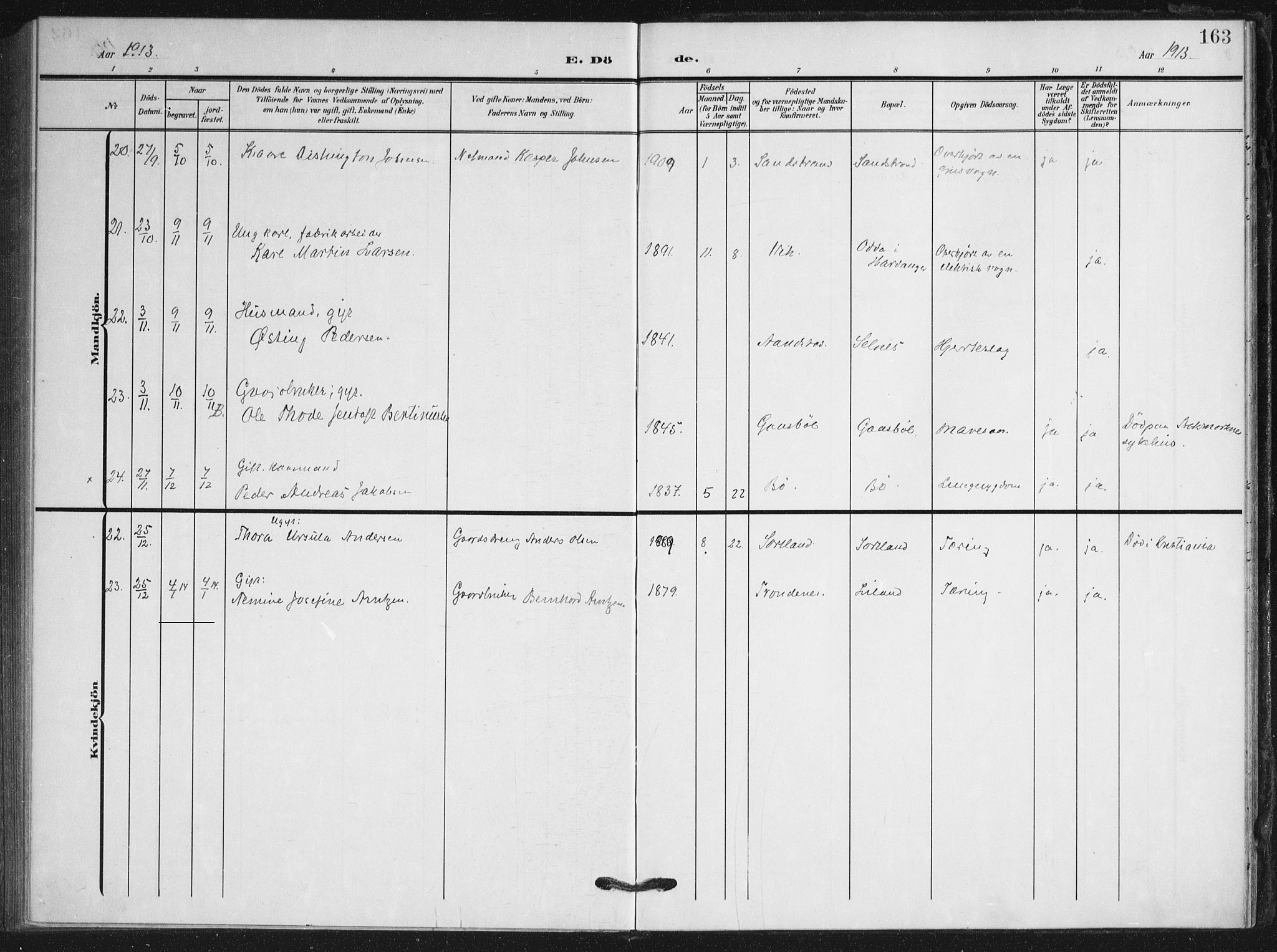 Ministerialprotokoller, klokkerbøker og fødselsregistre - Nordland, AV/SAT-A-1459/895/L1373: Parish register (official) no. 895A08, 1905-1915, p. 163