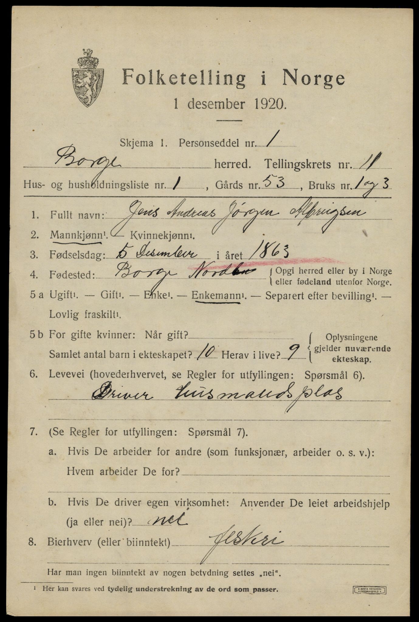 SAT, 1920 census for Borge, 1920, p. 9419