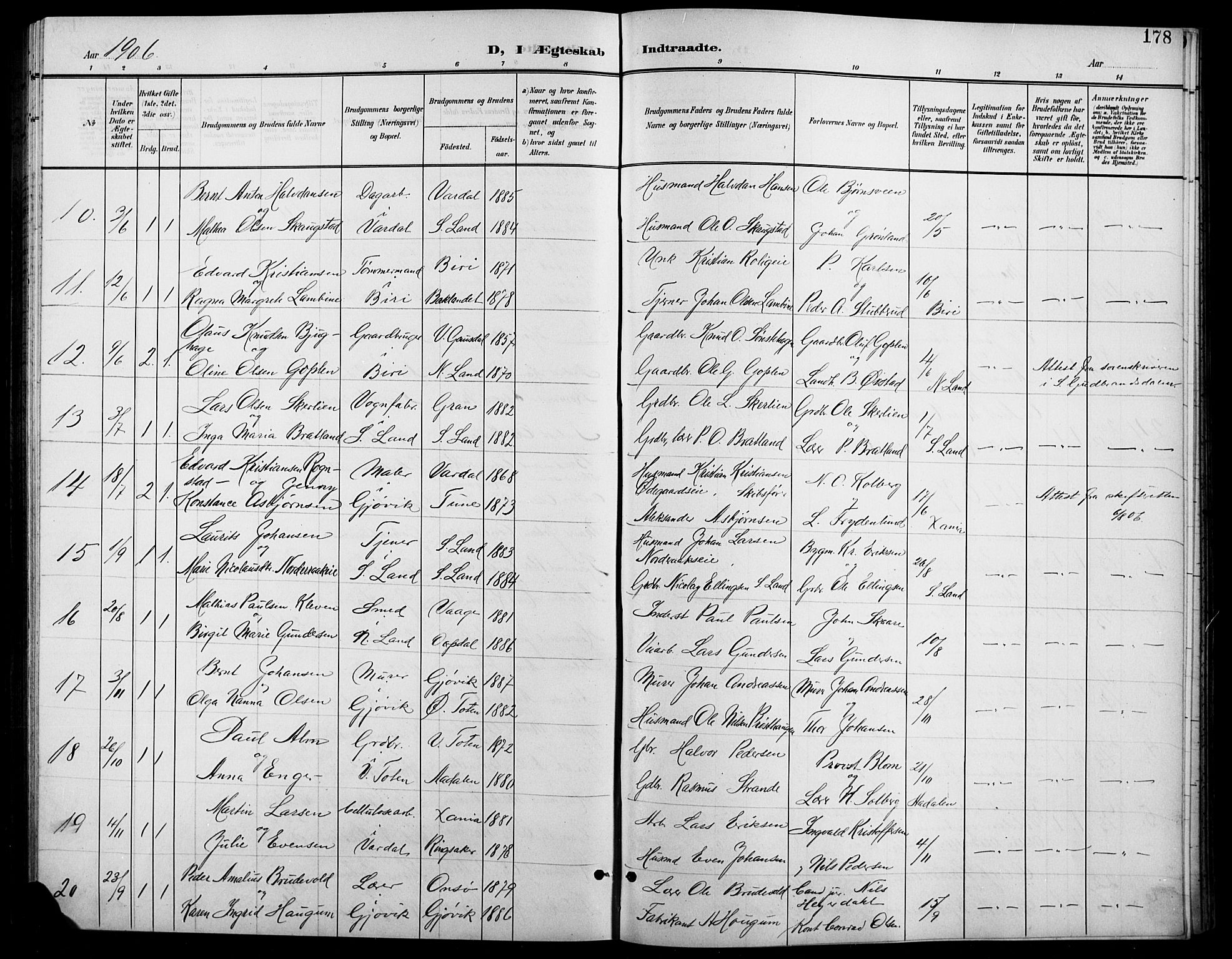 Vardal prestekontor, SAH/PREST-100/H/Ha/Hab/L0012: Parish register (copy) no. 12, 1902-1911, p. 178