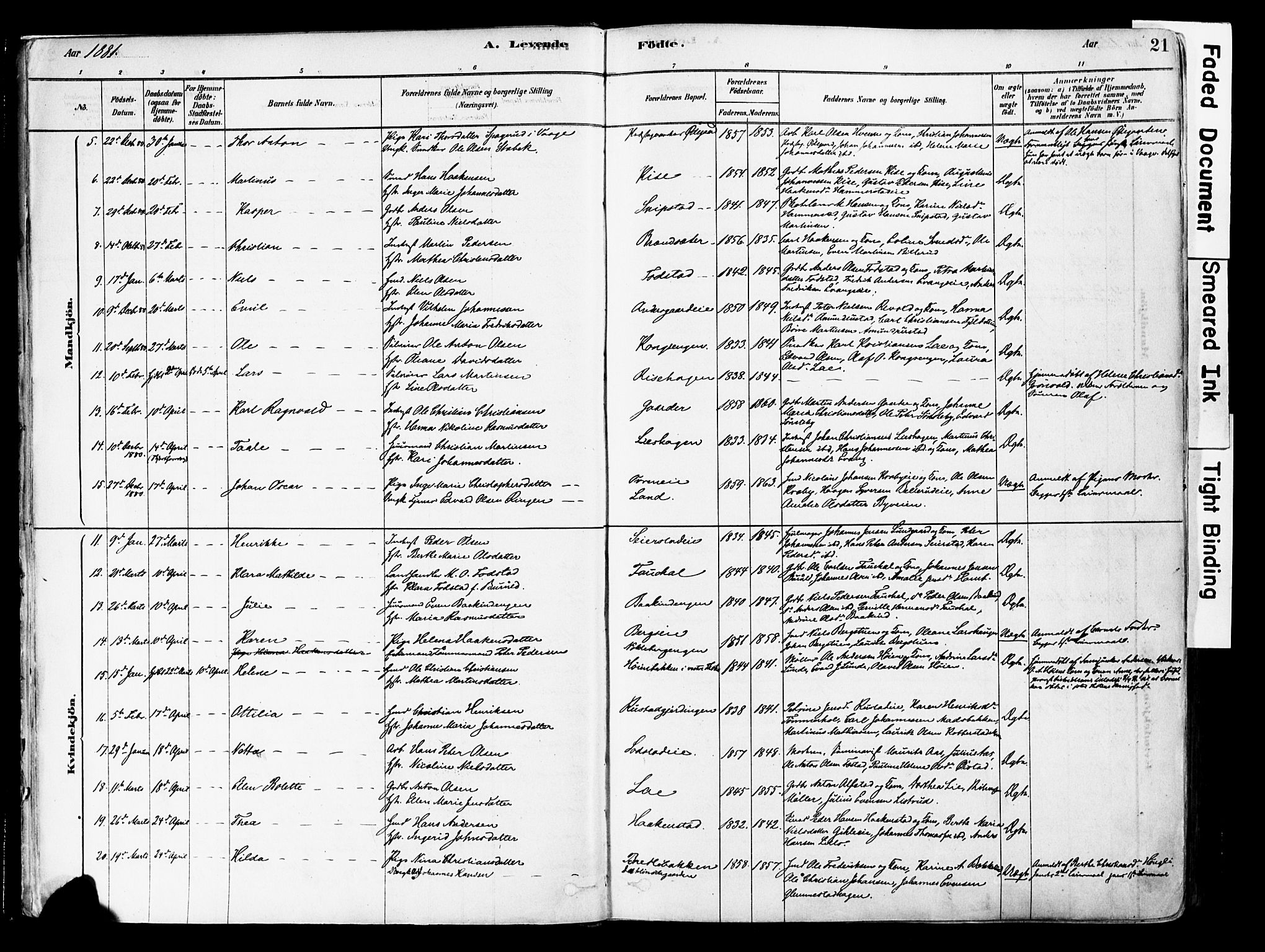 Østre Toten prestekontor, AV/SAH-PREST-104/H/Ha/Haa/L0006: Parish register (official) no. 6 /1, 1878-1896, p. 21