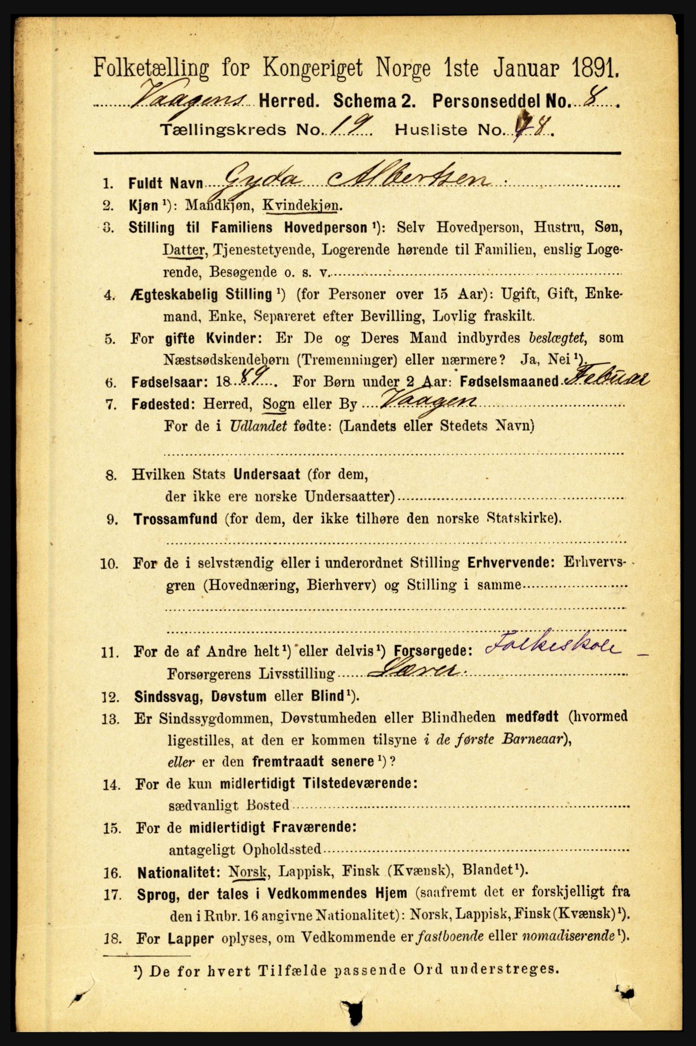 RA, 1891 census for 1865 Vågan, 1891, p. 5824