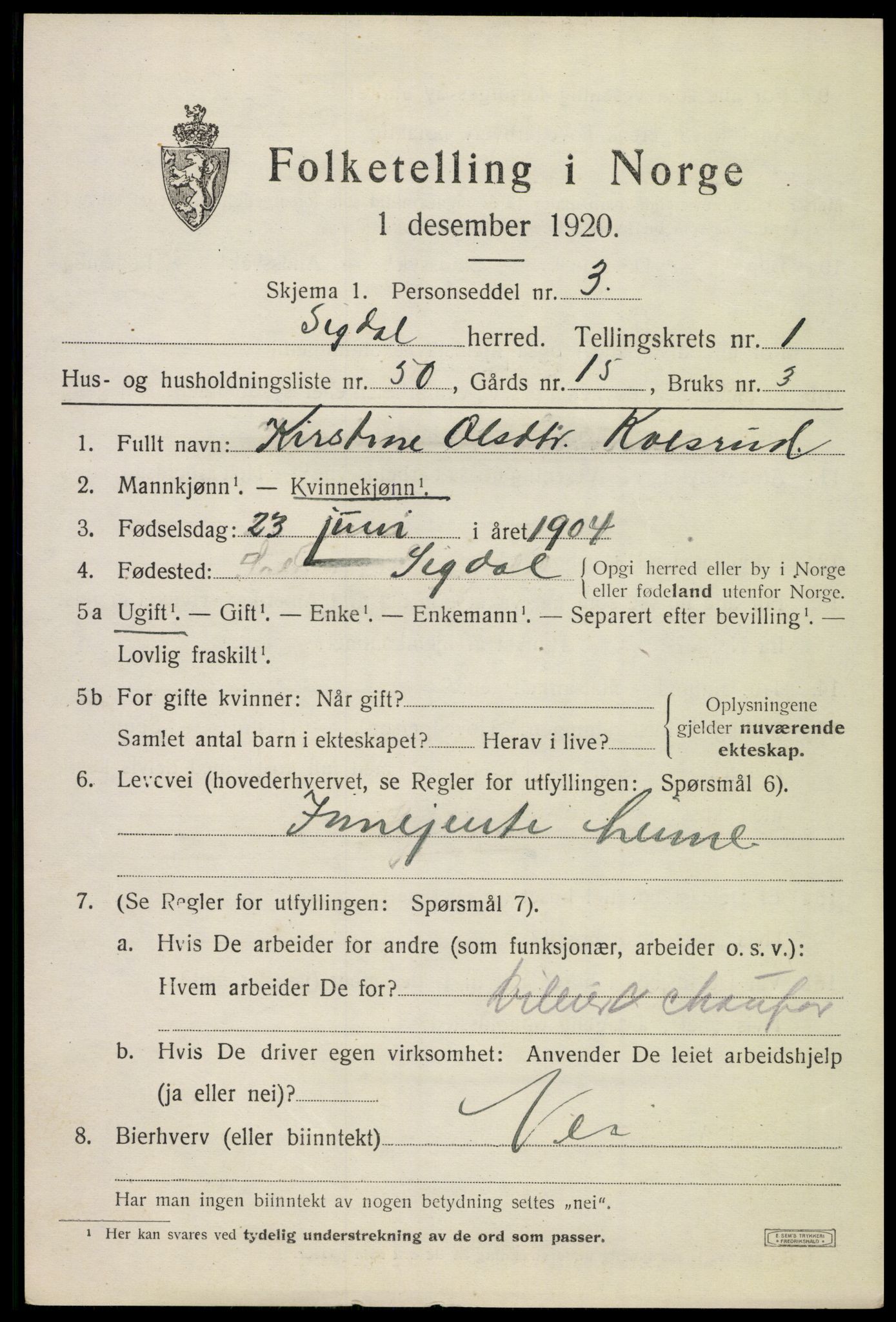 SAKO, 1920 census for Sigdal, 1920, p. 2012
