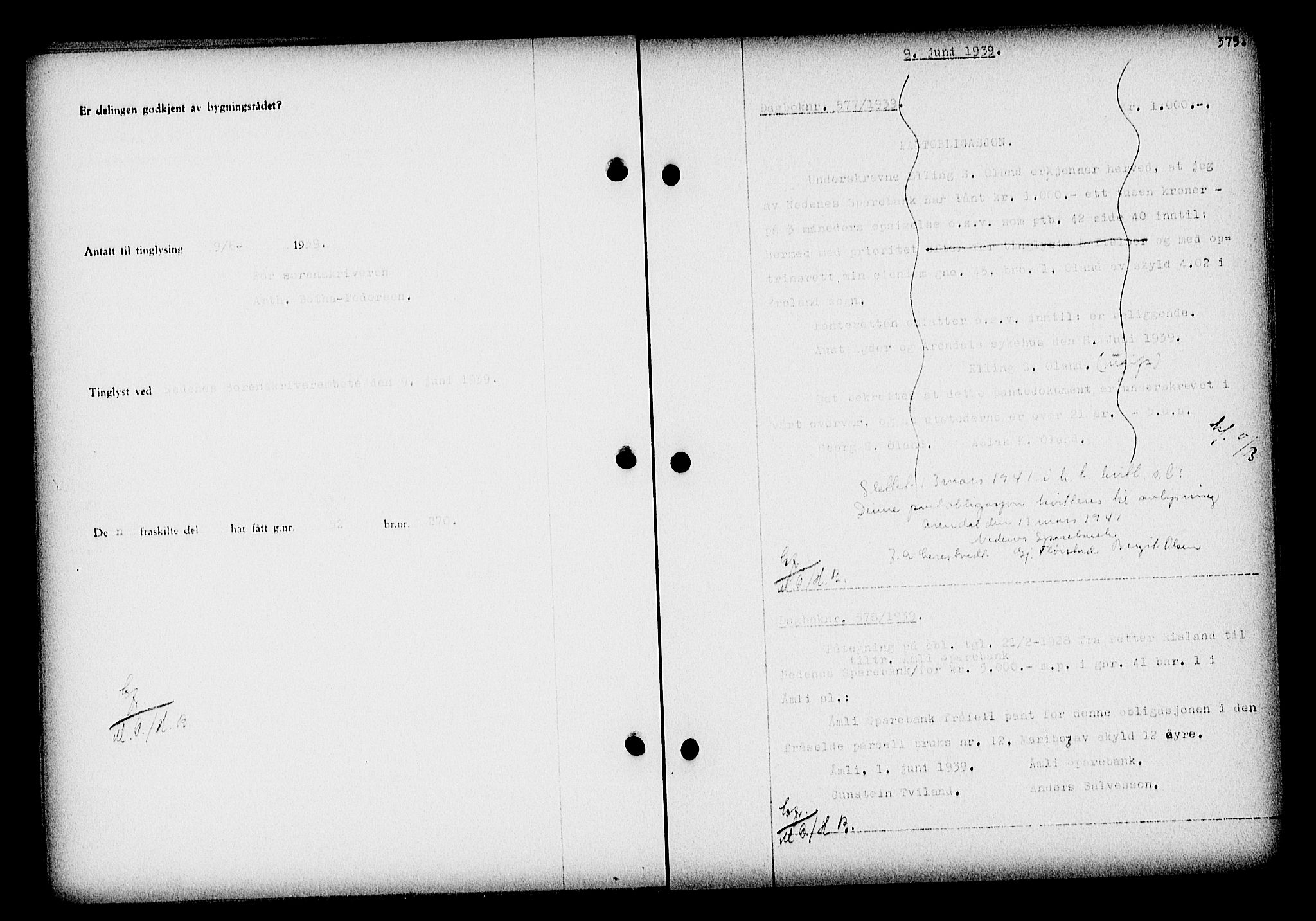 Nedenes sorenskriveri, SAK/1221-0006/G/Gb/Gba/L0046: Mortgage book no. 42, 1938-1939, Diary no: : 577/1939