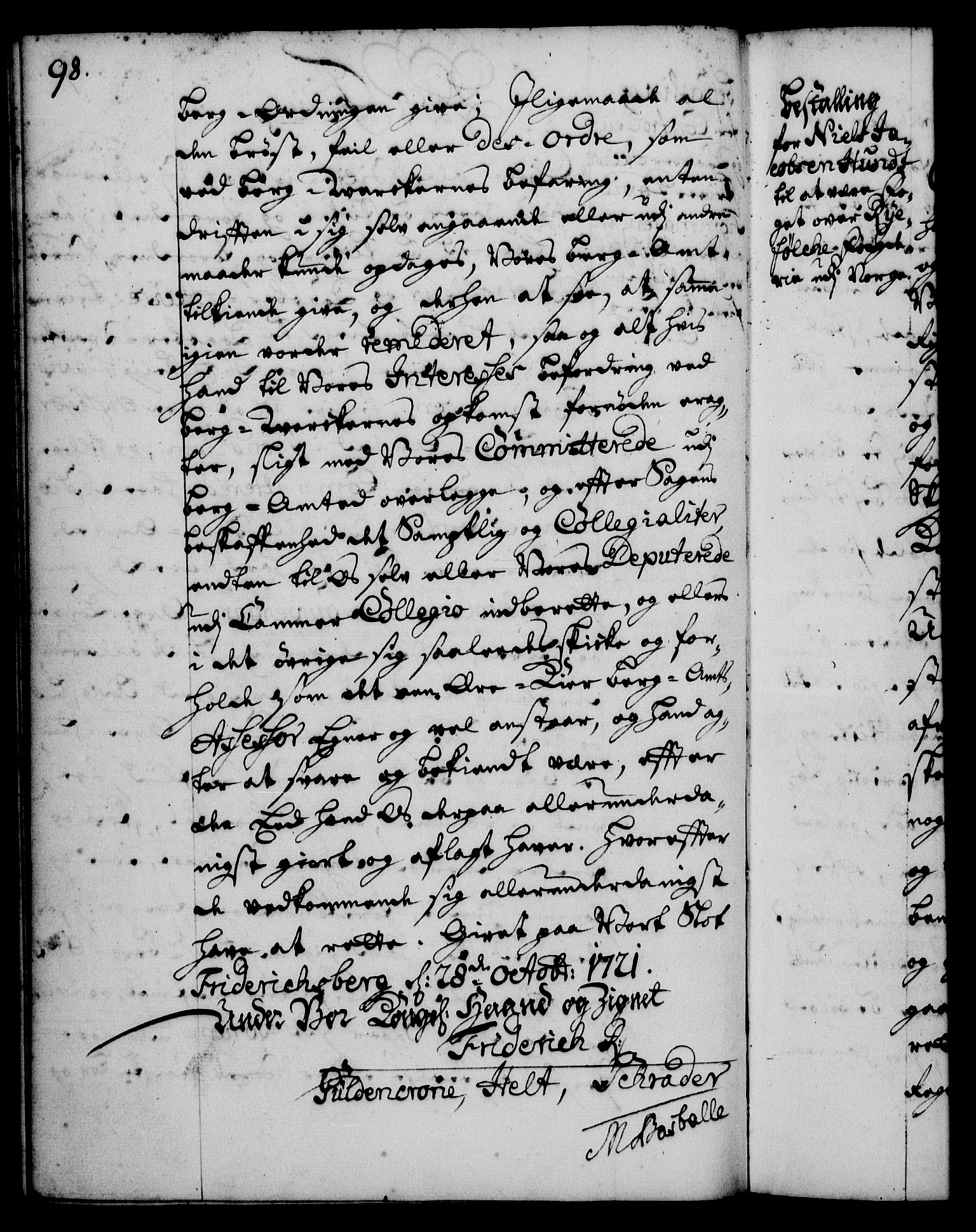 Rentekammeret, Kammerkanselliet, RA/EA-3111/G/Gg/Gge/L0001: Norsk bestallingsprotokoll med register (merket RK 53.25), 1720-1730, p. 98