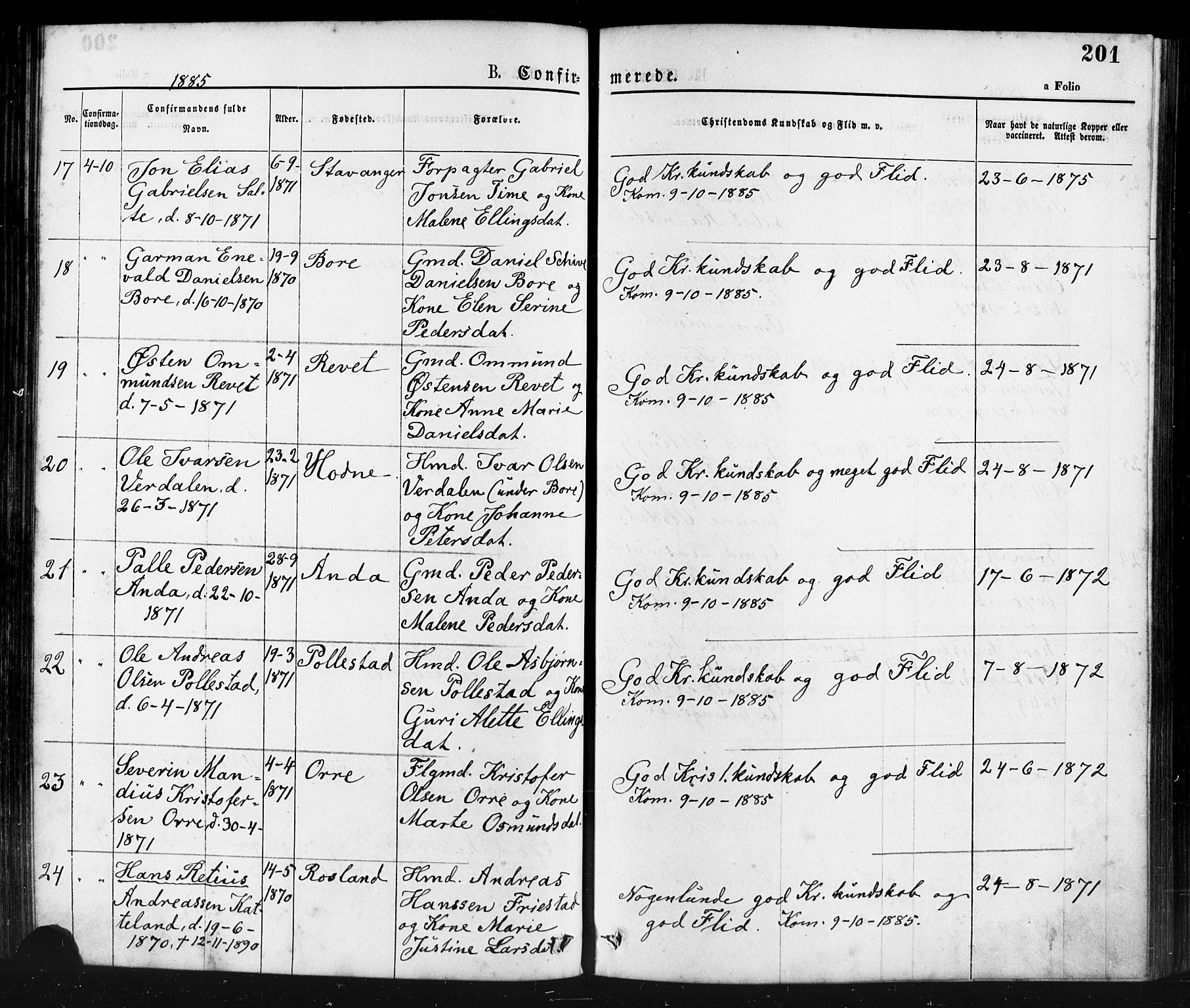 Klepp sokneprestkontor, AV/SAST-A-101803/001/3/30BA/L0006: Parish register (official) no. A 6, 1871-1885, p. 201