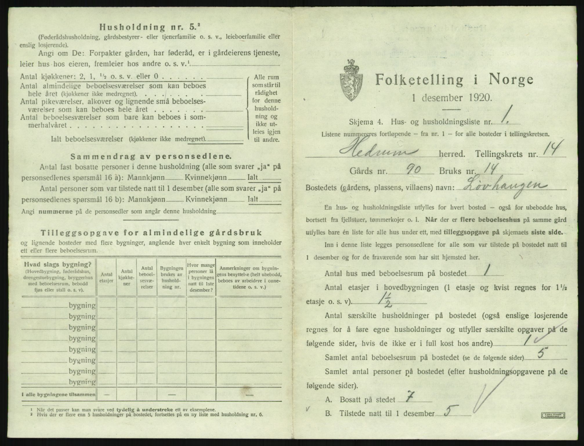 SAKO, 1920 census for Hedrum, 1920, p. 1257