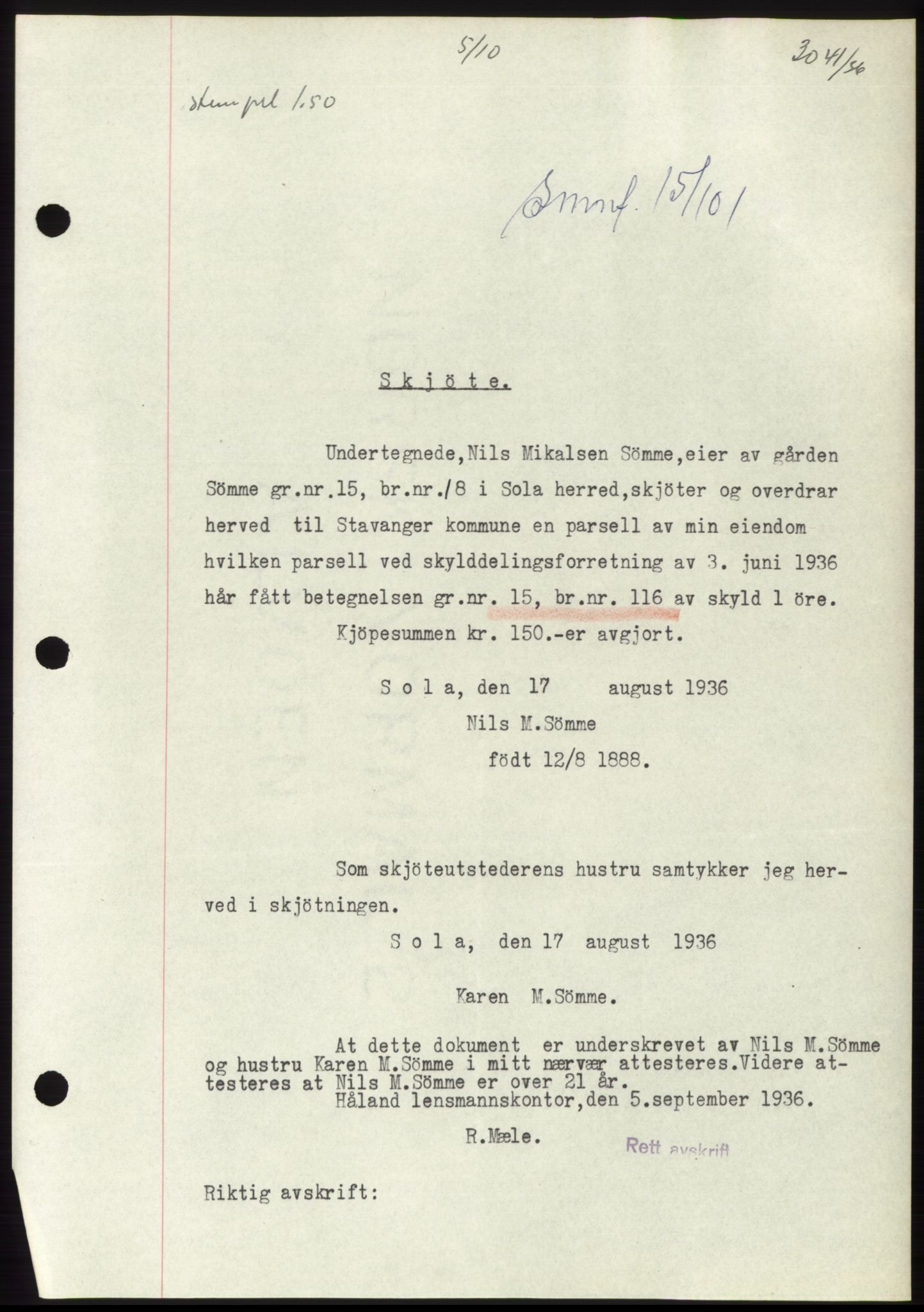 Jæren sorenskriveri, AV/SAST-A-100310/03/G/Gba/L0066: Mortgage book no. 71-72, 1936-1936, Diary no: : 3041/1936