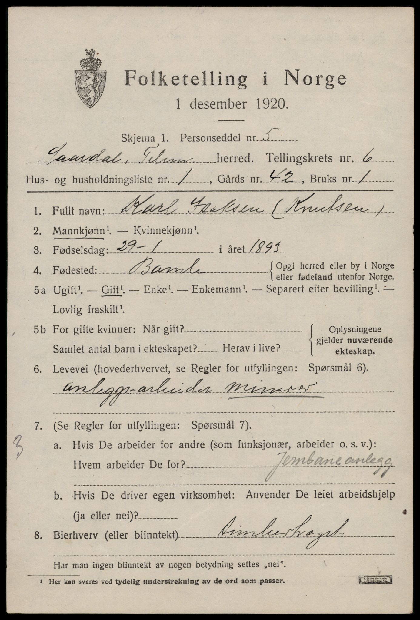 SAKO, 1920 census for Lårdal, 1920, p. 2527