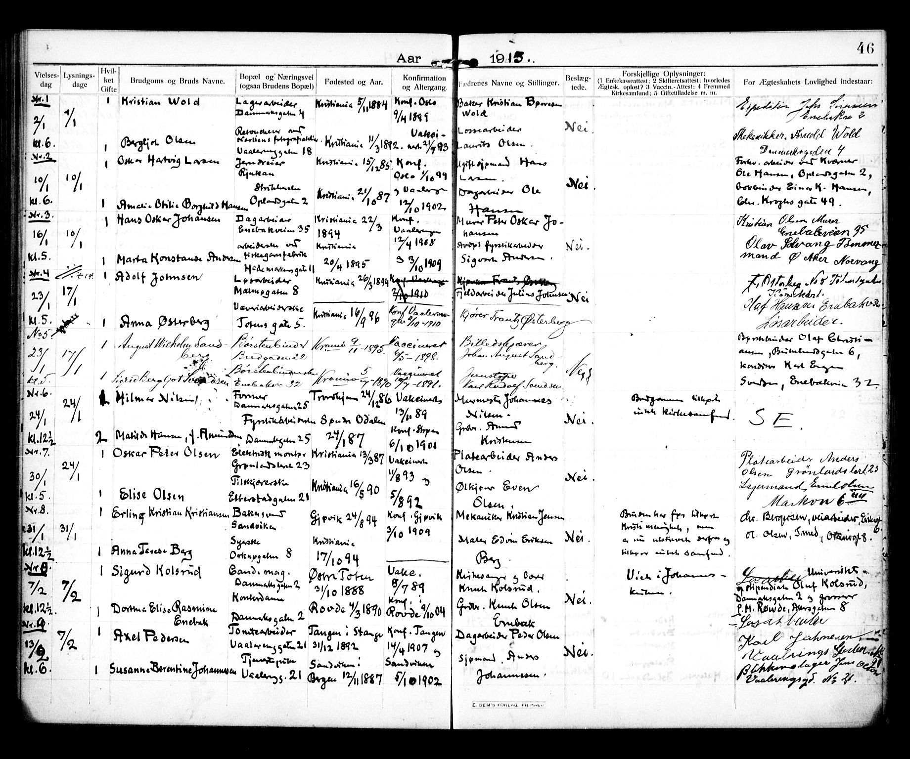 Vålerengen prestekontor Kirkebøker, SAO/A-10878/H/Ha/L0002: Banns register no. 2, 1910-1918, p. 46