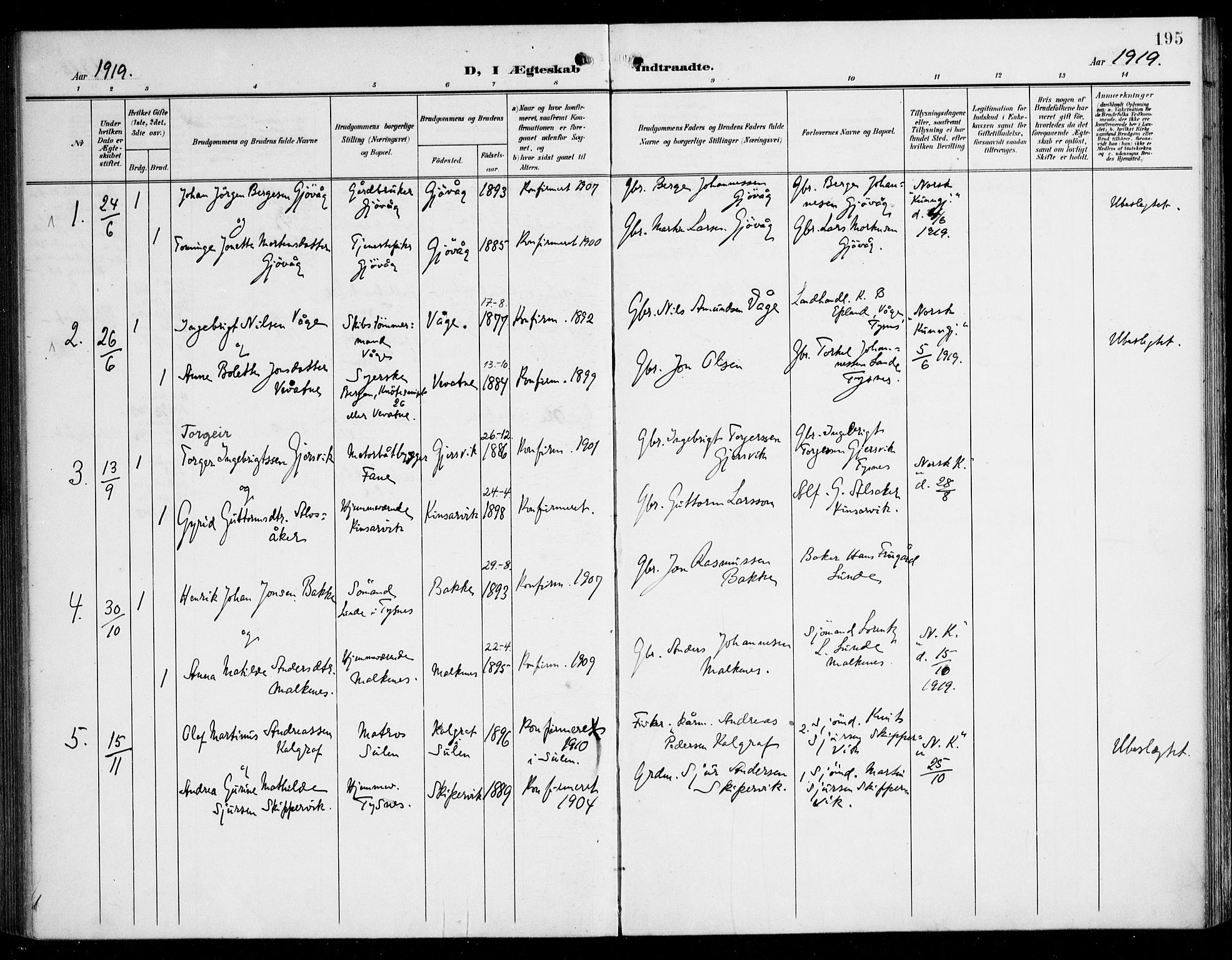 Tysnes sokneprestembete, SAB/A-78601/H/Haa: Parish register (official) no. B 2, 1907-1925, p. 195