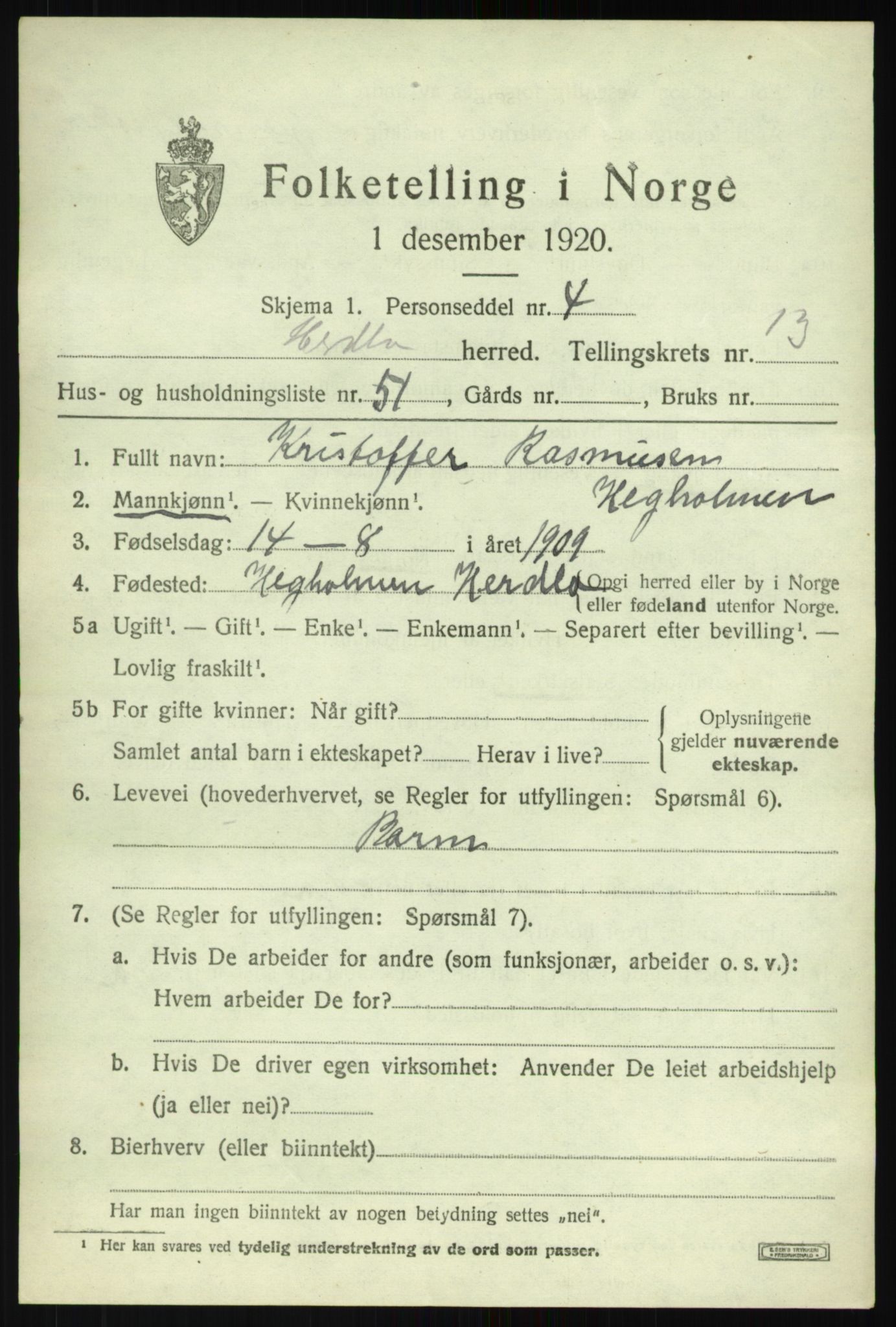 SAB, 1920 census for Herdla, 1920, p. 9677